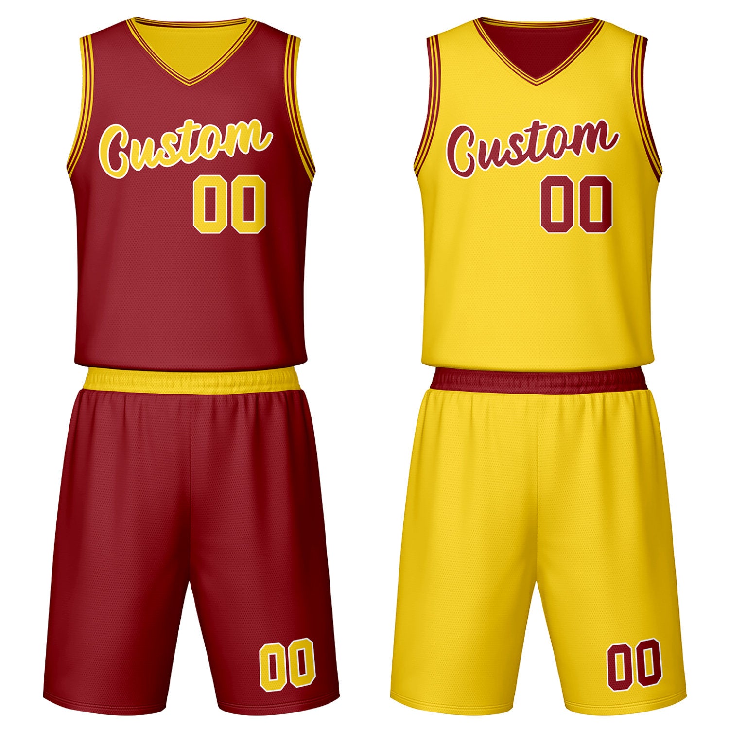 Custom maroon & yellow reversible basketball jersey set with shorts by Vosoli | Personalized team name, number & logo | Breathable mesh sport jersey uniform