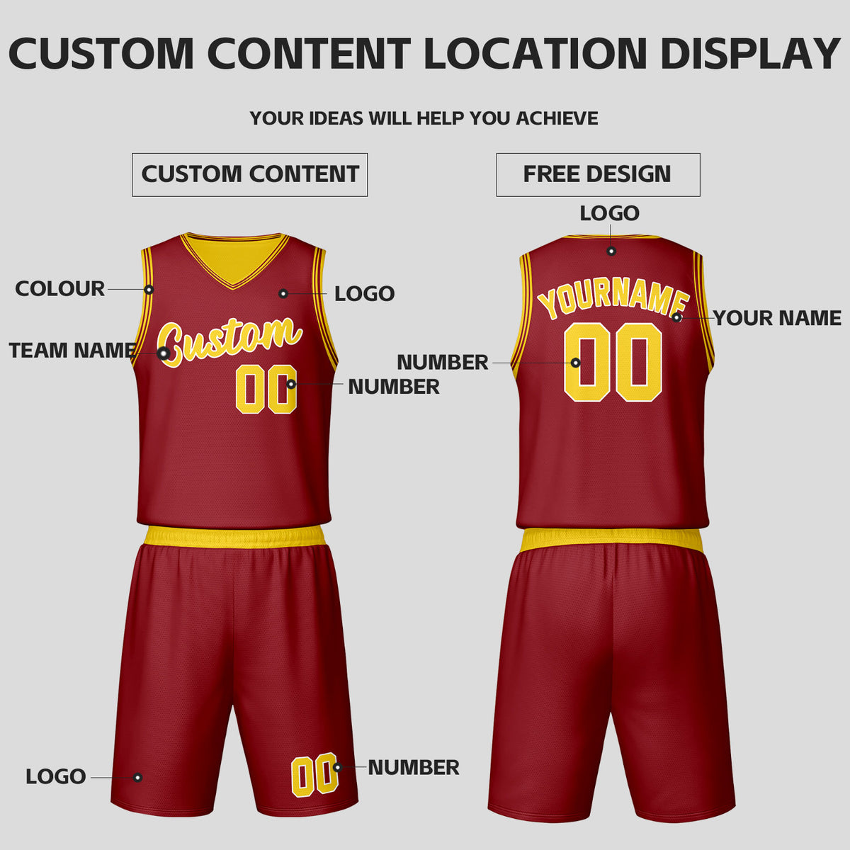 Custom Maroon Yellow Reversible Basketball Jersey Set | Personalized Name Number Mesh Sports Uniform