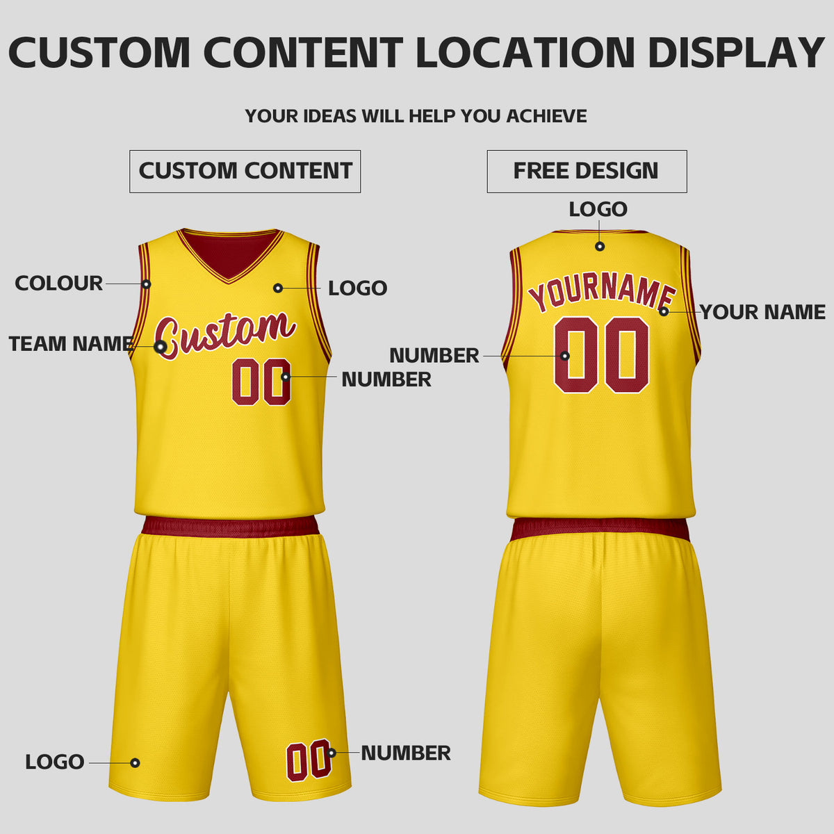 Custom Maroon Yellow Reversible Basketball Jersey Set | Personalized Name Number Mesh Sports Uniform