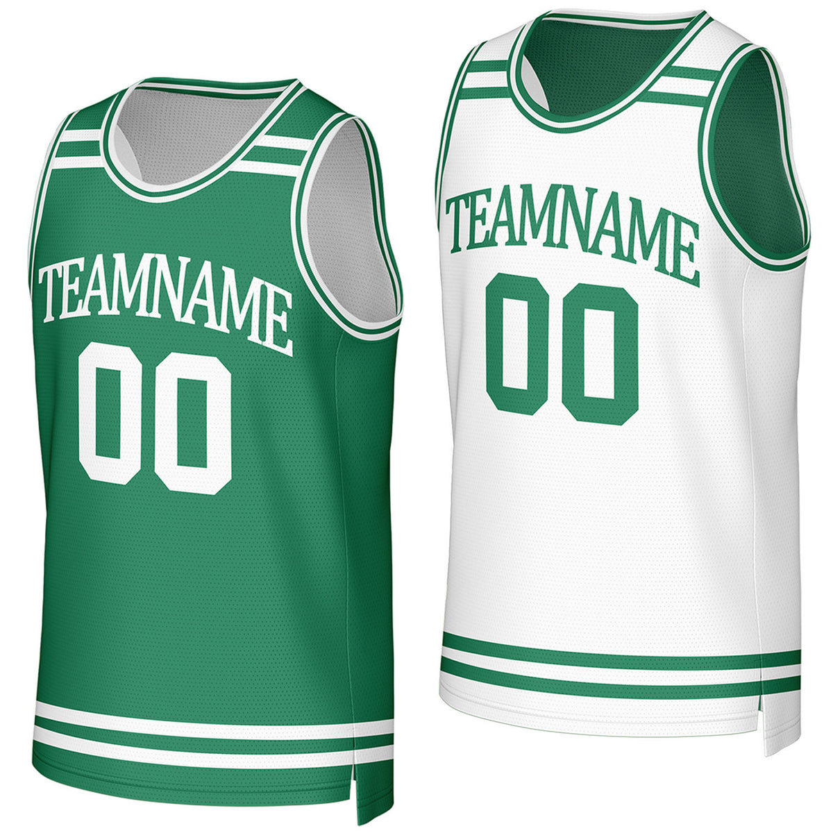 custom men's basketball jerseys green white reversible by Vosoli, Personalized team name, number & logo.