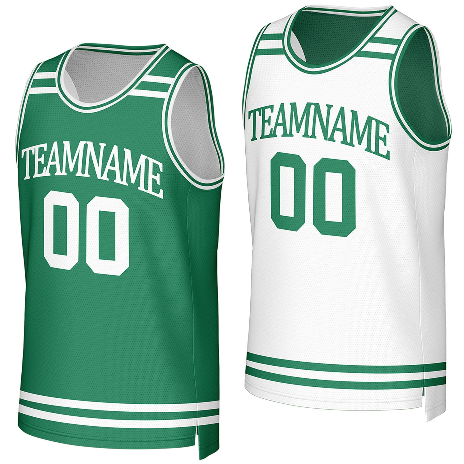 custom men's basketball jerseys green white reversible by Vosoli, Personalized team name, number & logo.