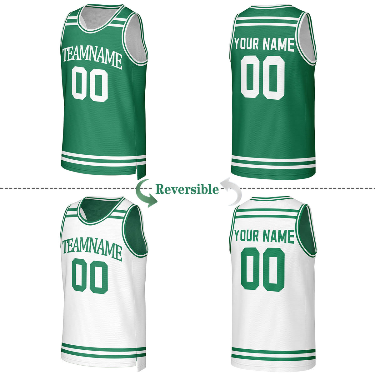 Custom Green & White Striped Reversible Basketball Jersey | Personalized Team Jerseys with Name, Number & Logo
