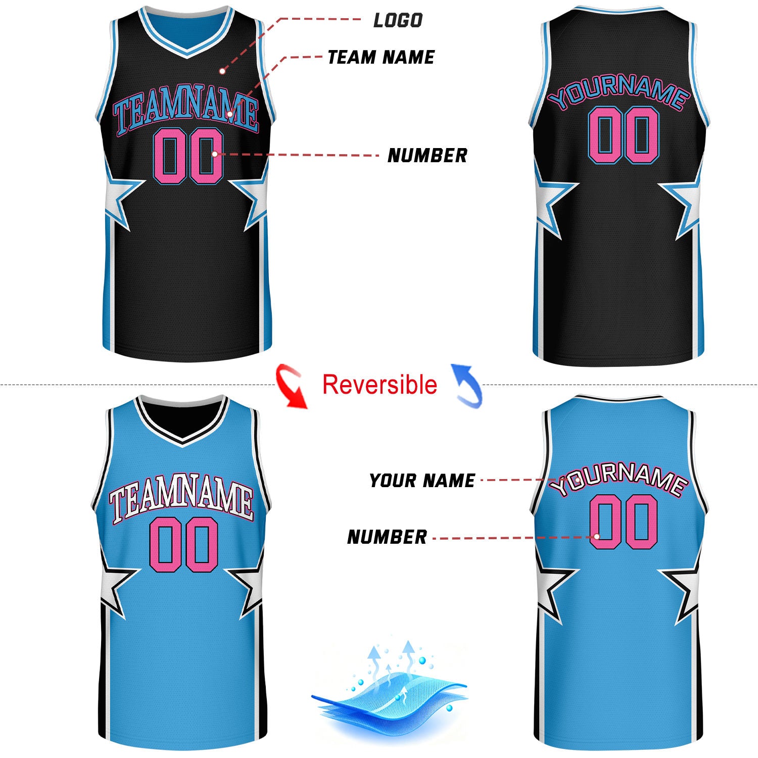 Custom Black & Sky Blue Star Reversible Basketball Uniform Set | Breathable Mesh Jersey & Shorts