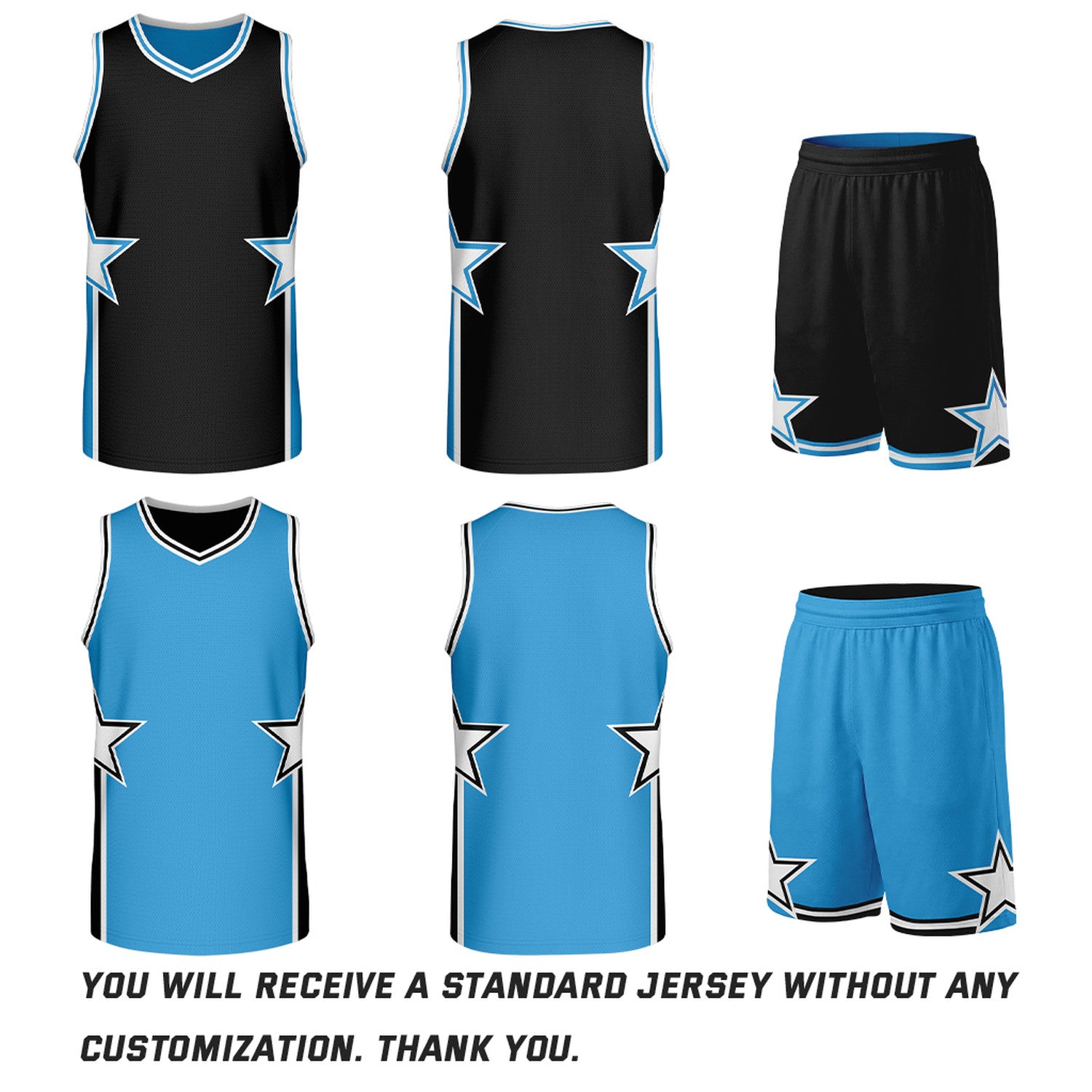 Custom Black & Sky Blue Star Reversible Basketball Uniform Set | Breathable Mesh Jersey & Shorts