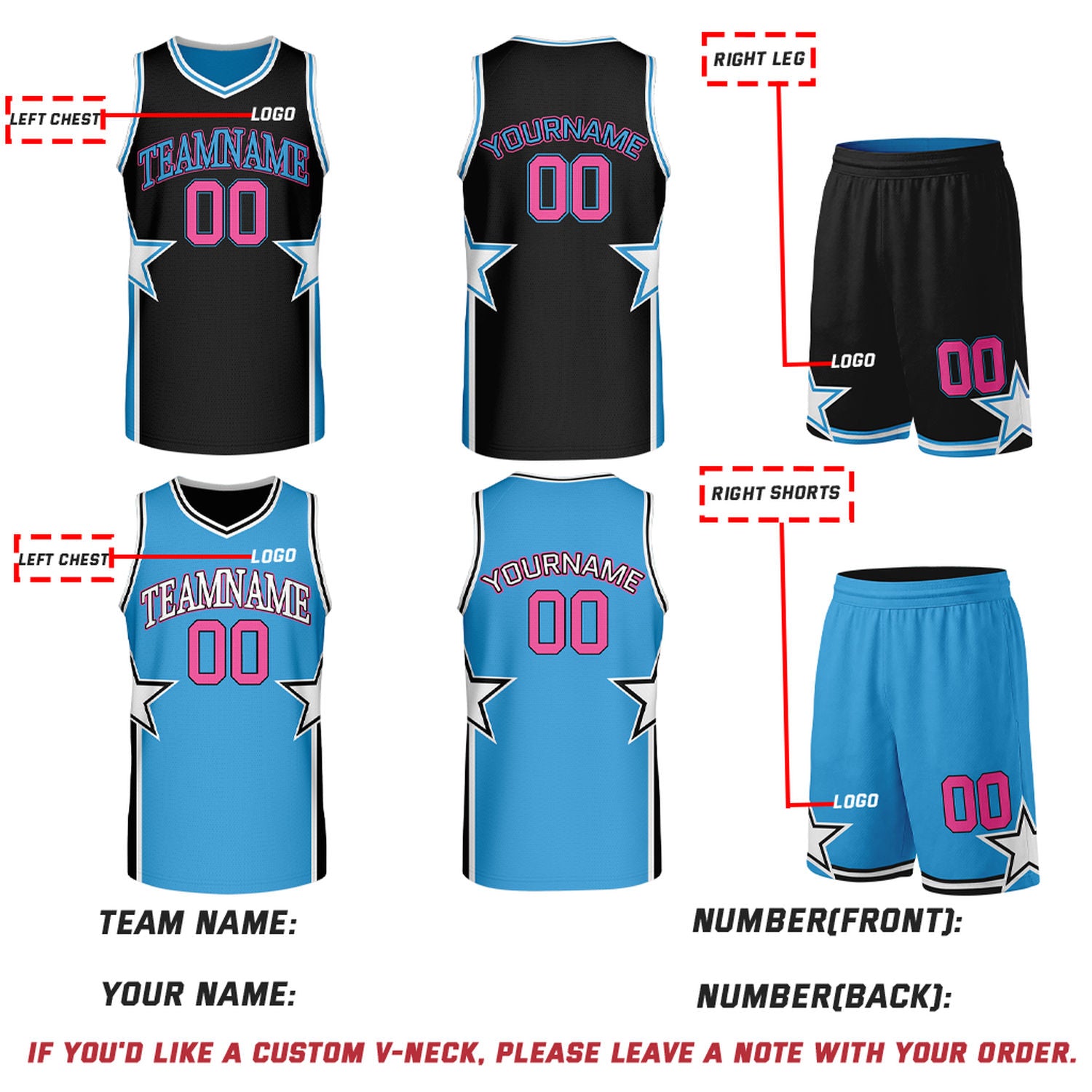 Custom Black & Sky Blue Star Reversible Basketball Uniform Set | Breathable Mesh Jersey & Shorts