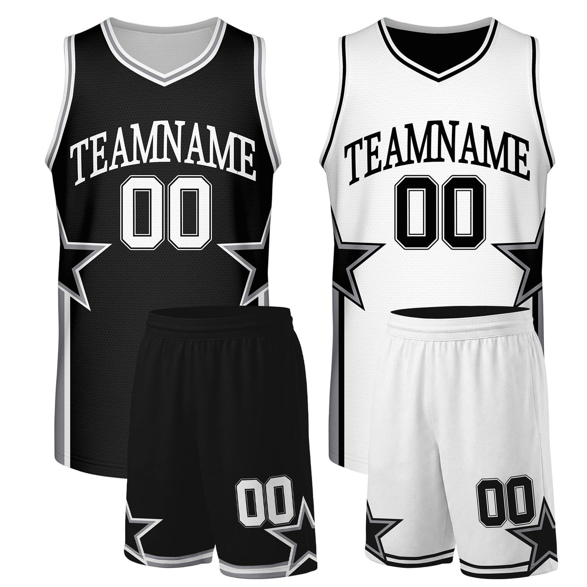 Custom men's basketball uniforms black white reversible by Vosoli. Personalized team name, player number &amp; logo. Breathable mesh. Fast delivery.