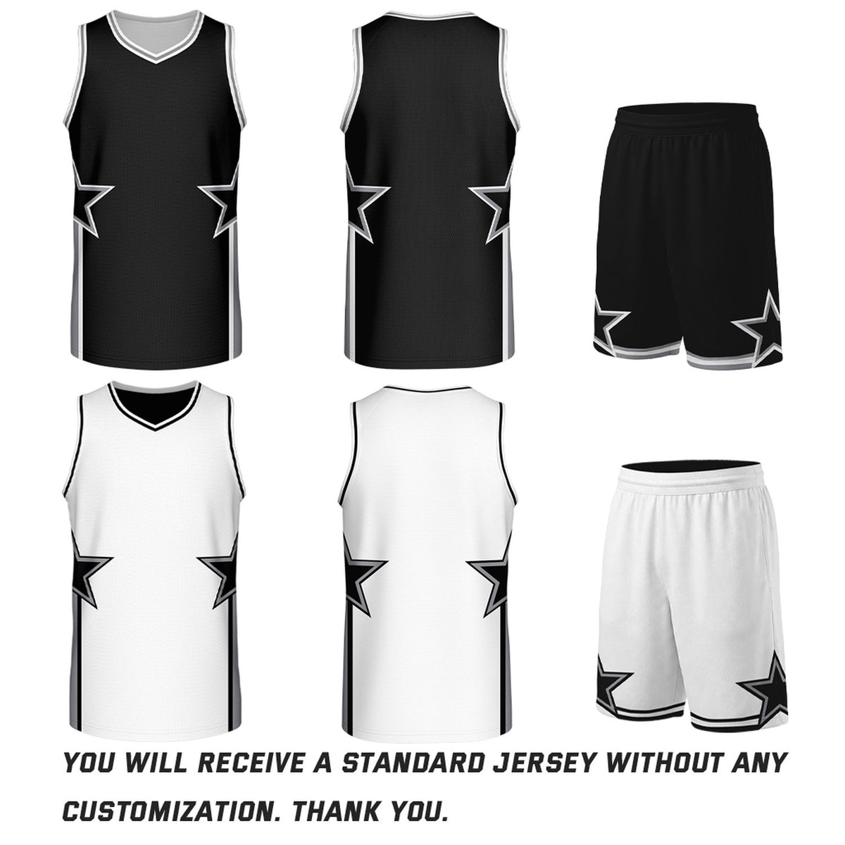 Custom Black & White Star Reversible Basketball Uniform Set | Breathable Mesh Jersey & Shorts