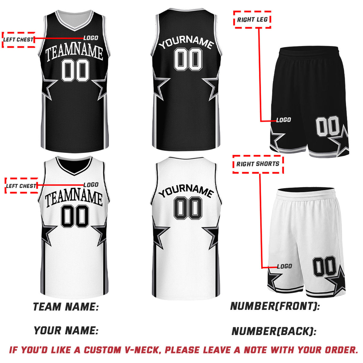 Custom Black & White Star Reversible Basketball Uniform Set | Breathable Mesh Jersey & Shorts