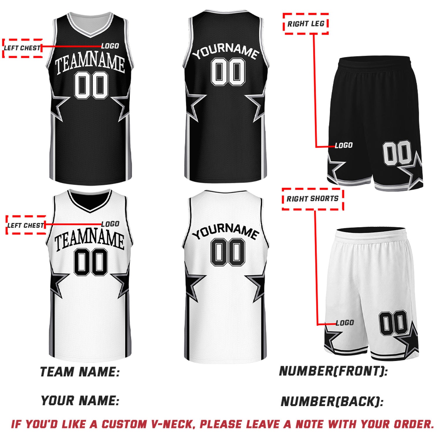 Custom Black & White Star Reversible Basketball Uniform Set | Breathable Mesh Jersey & Shorts