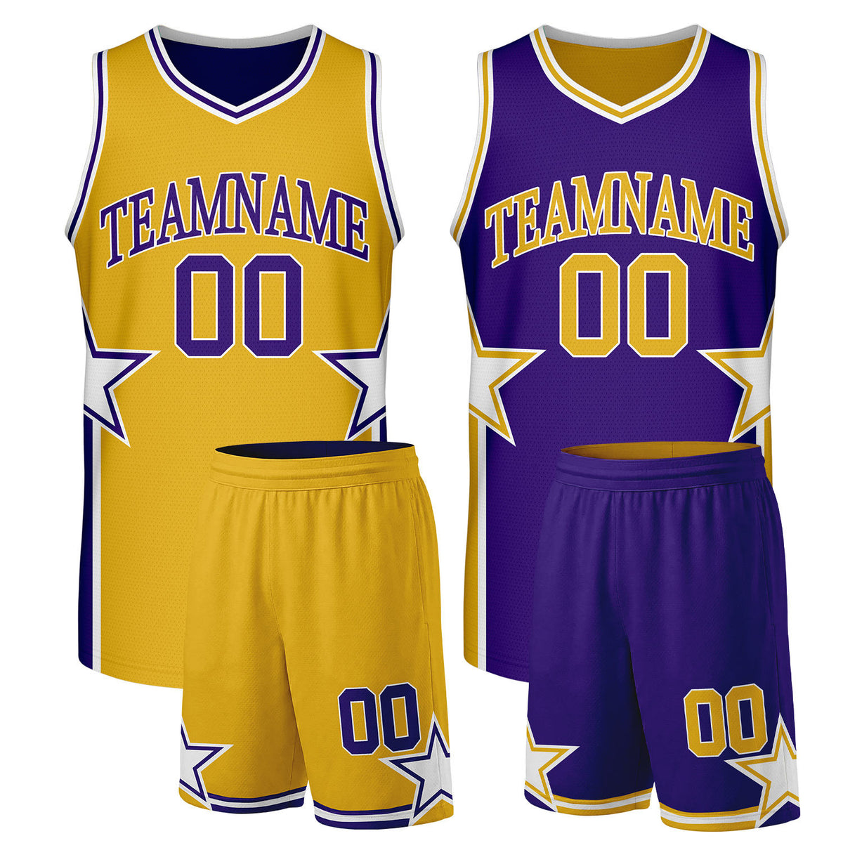 Custom men's basketball uniforms gold purple reversible by Vosoli. Personalized team name, player number &amp; logo. Breathable mesh. Fast delivery.