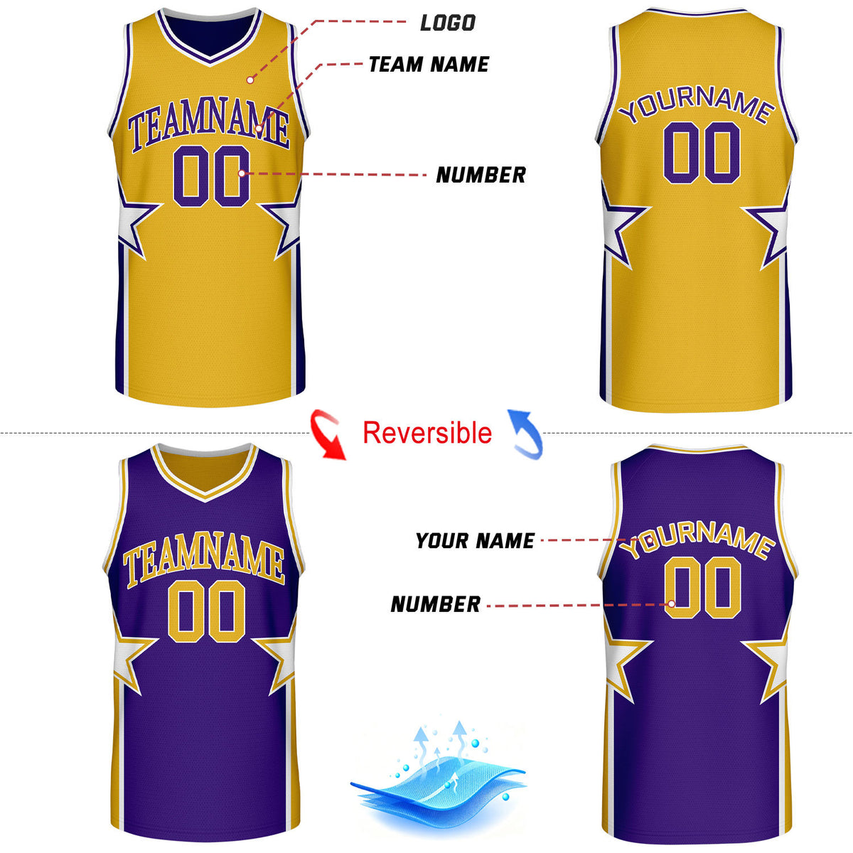 Custom Gold & Purple Star Reversible Basketball Uniform Set | Breathable Mesh Jersey & Shorts