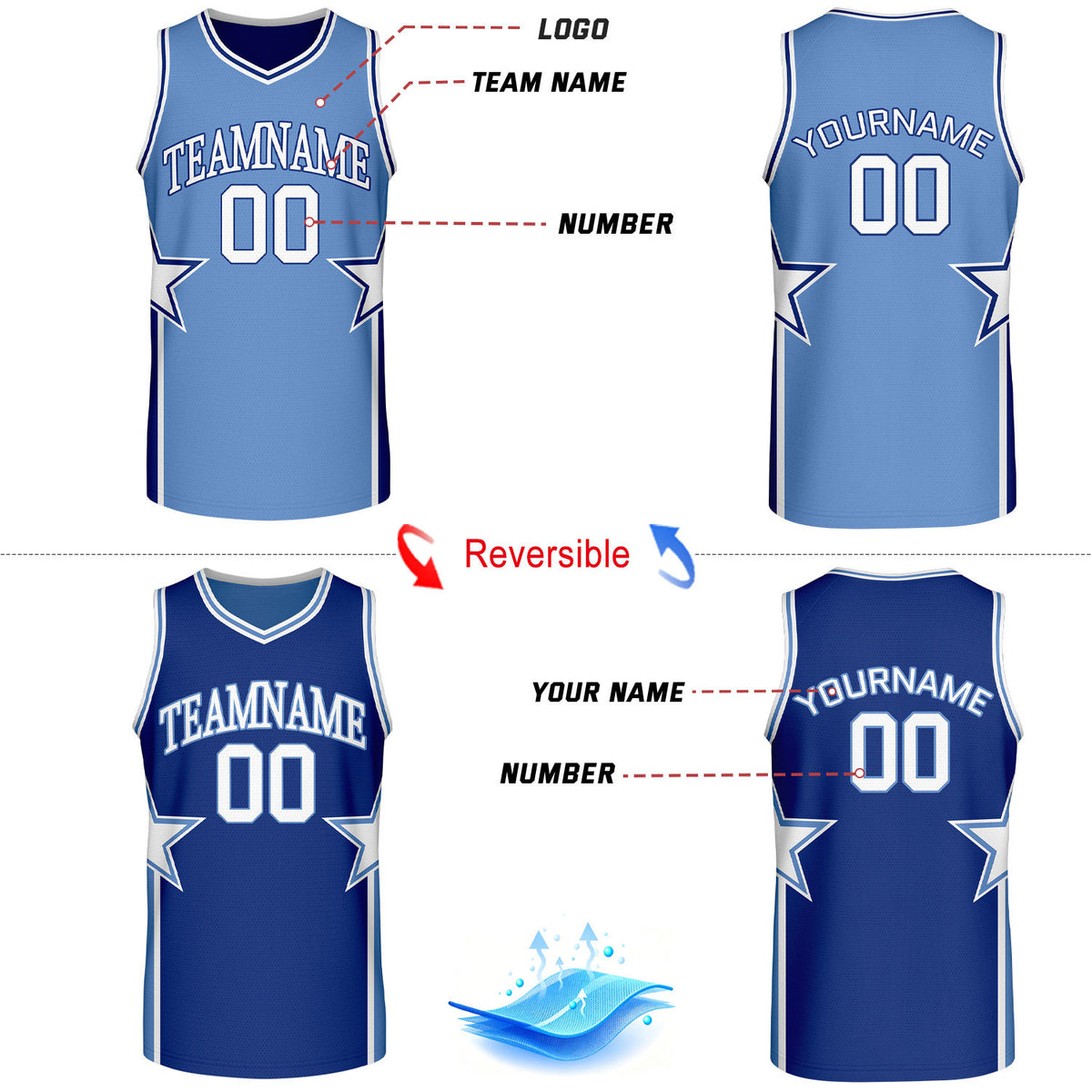 Custom Light Blue & Navy Star Reversible Basketball Uniform Set | Breathable Mesh Jersey & Shorts