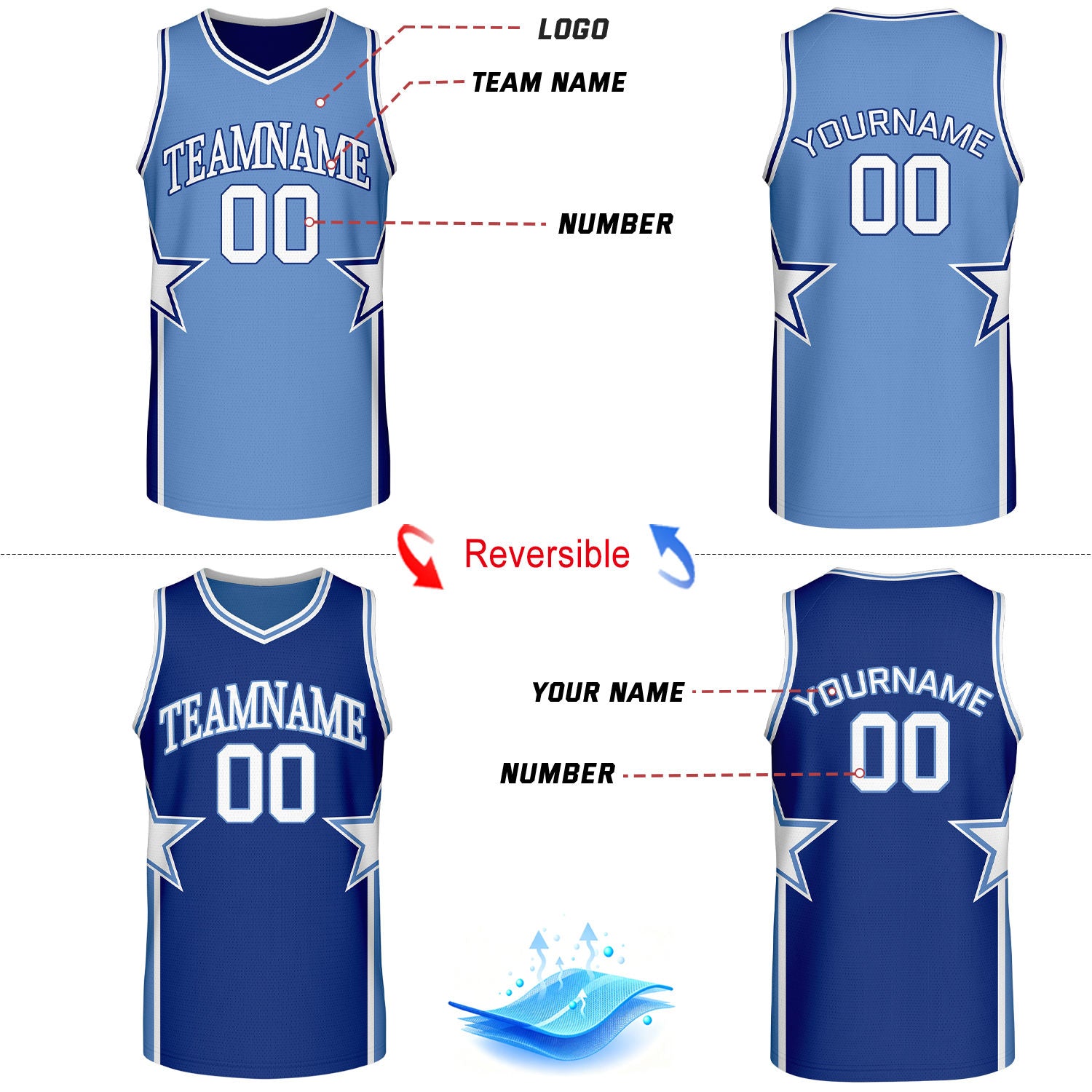 Custom men's basketball uniforms light blue navy reversible by Vosoli. Personalized team name, player number & logo. Breathable mesh. Fast delivery.