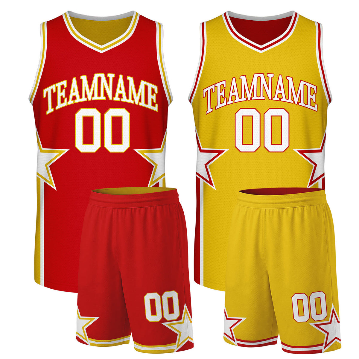 Custom men's basketball uniforms red gold reversible by Vosoli. Personalized team name, player number &amp; logo. Breathable mesh. Fast delivery.