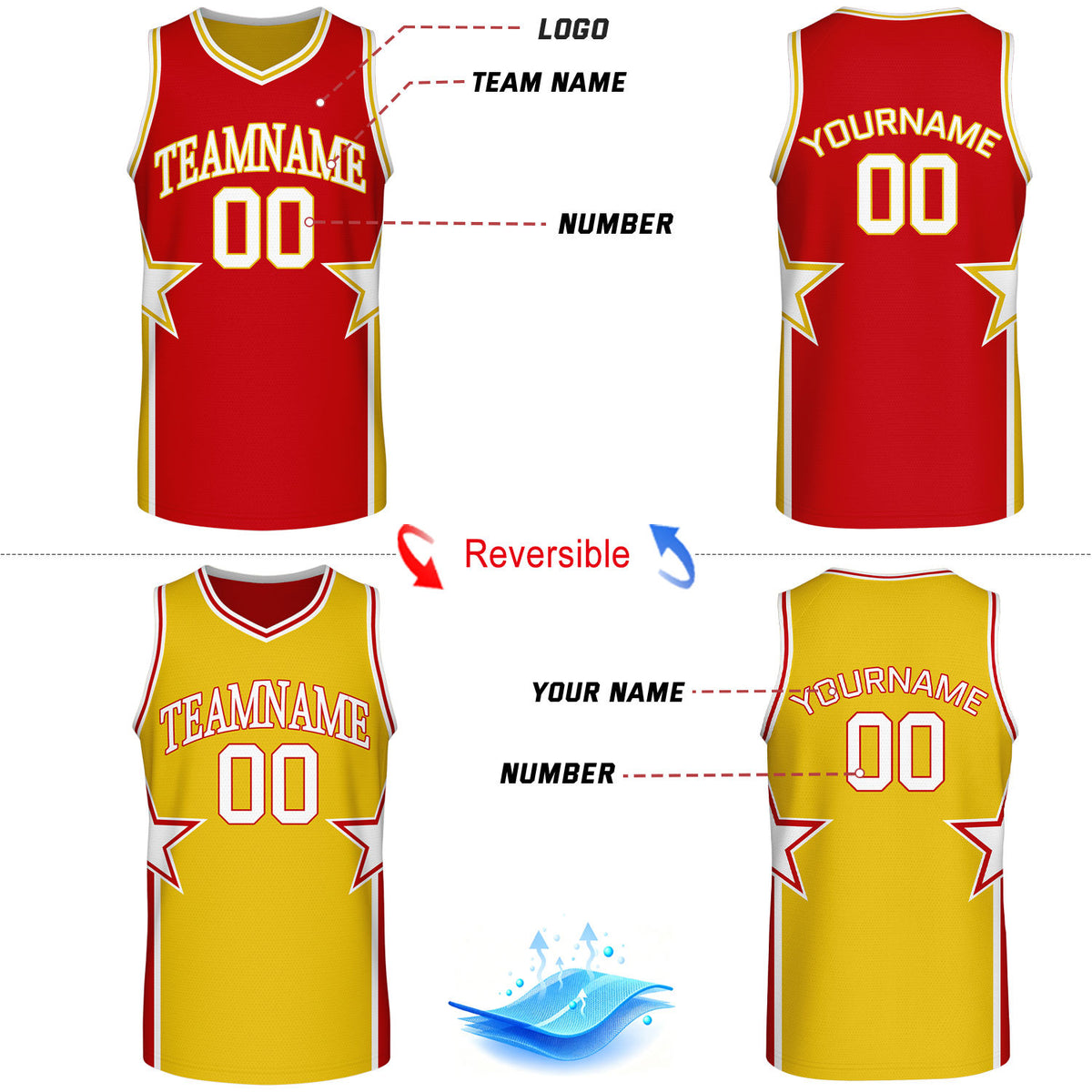 Custom Red & Gold Star Reversible Basketball Uniform Set | Breathable Mesh Jersey & Shorts