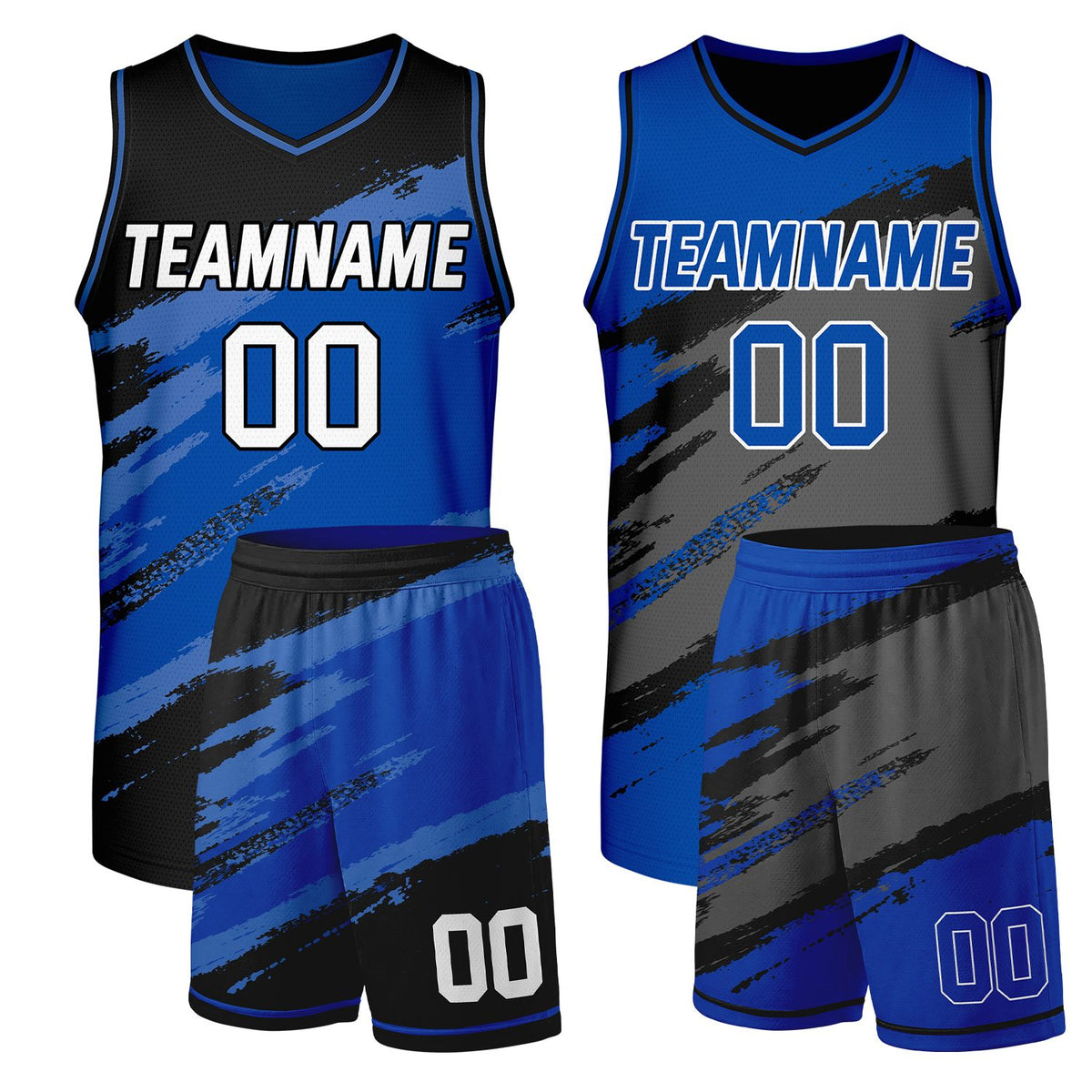 Custom men's basketball uniforms blue‑black reversible by Vosoli, personalized team name, number & logo, durable dual‑sided mesh fabric for custom game‑ready team sportswear