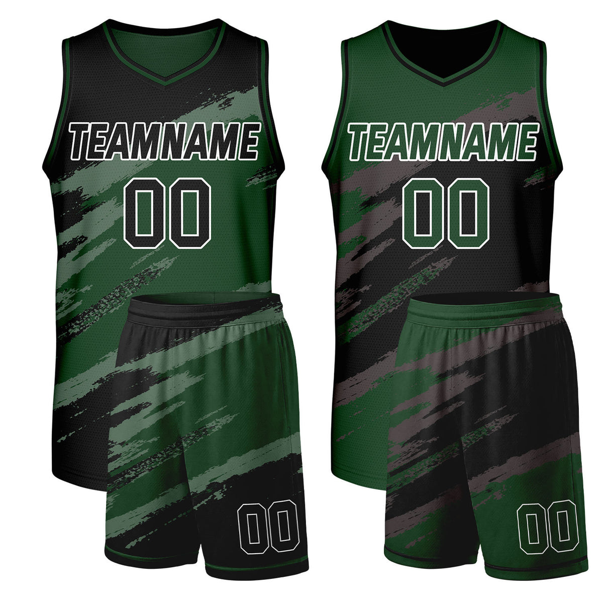 Custom men's basketball uniforms green‑black reversible by Vosoli, personalized team name, number & logo, durable dual‑sided mesh fabric for custom game‑ready team sportswear