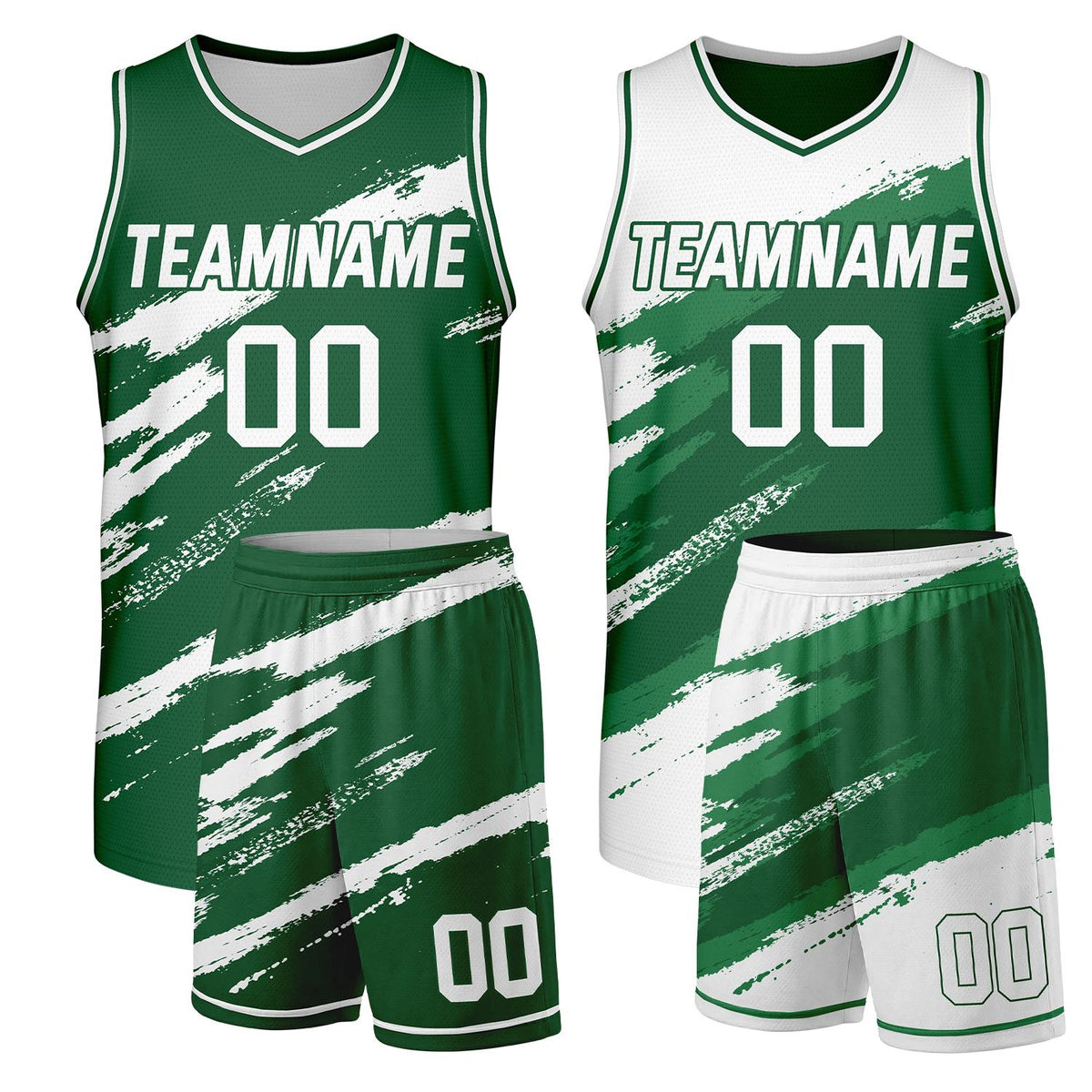 Custom men's basketball uniforms green‑white reversible by Vosoli, personalized team name, number & logo, durable dual‑sided mesh fabric for custom game‑ready team sportswear