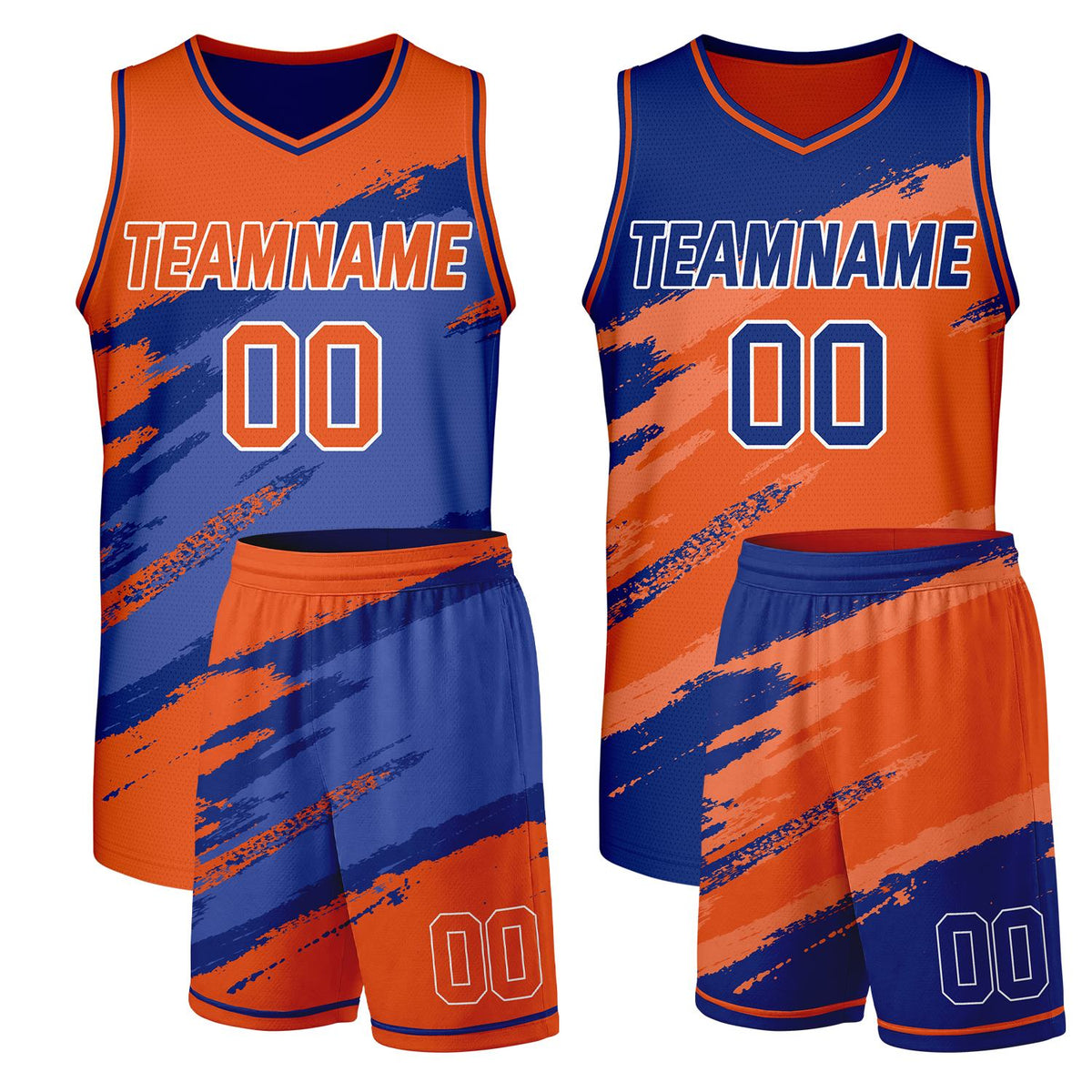 Custom men's basketball uniforms orange‑navy reversible by Vosoli, personalized team name, number & logo, durable dual‑sided mesh fabric for custom game‑ready team sportswear
