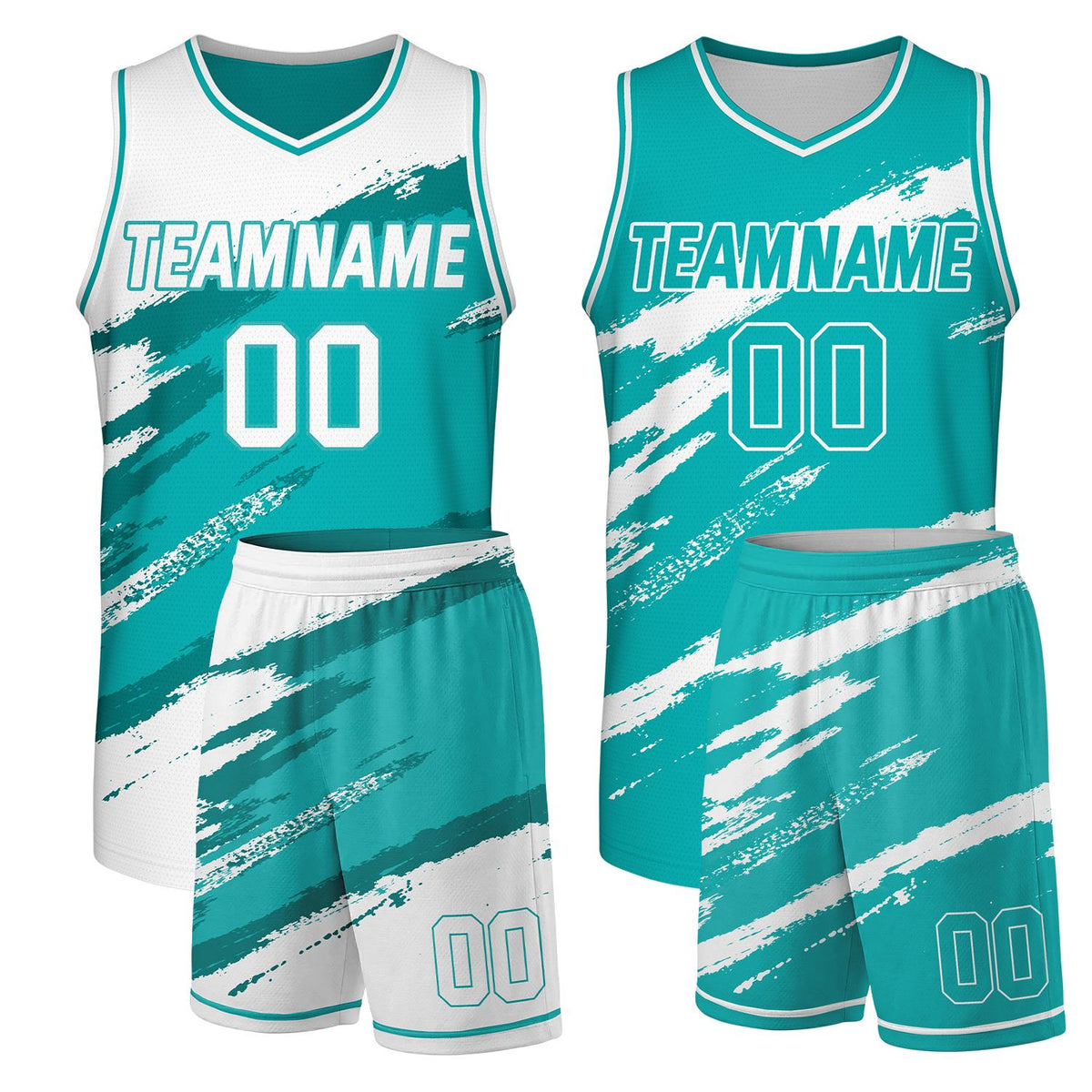 Custom men's basketball uniforms teal‑white reversible by Vosoli, personalized team name, number & logo, durable dual‑sided mesh fabric for custom game‑ready team sportswear