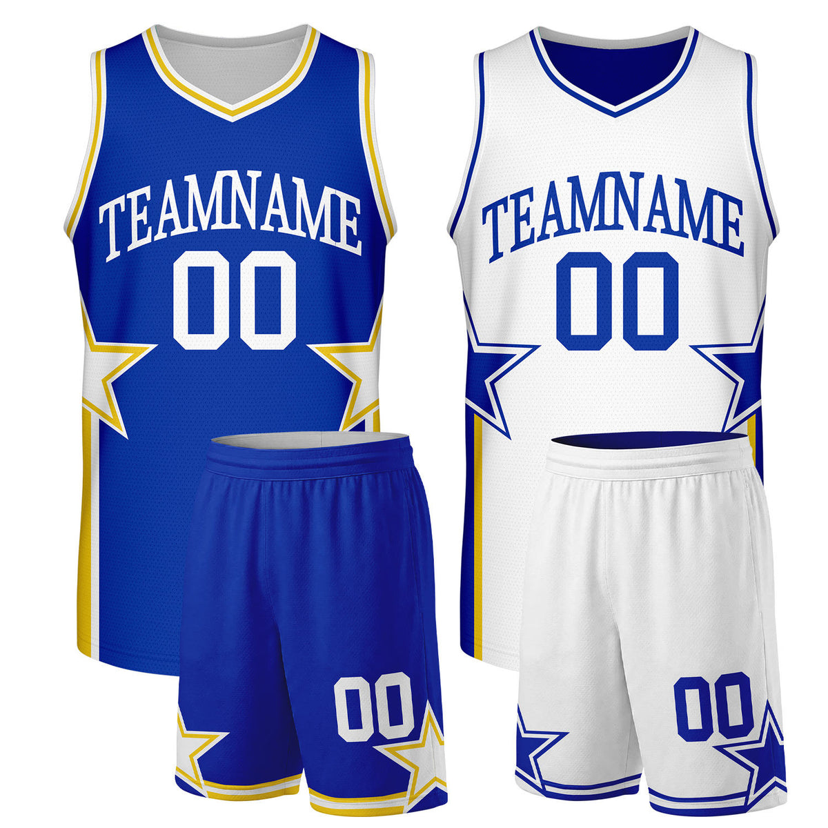 Custom men's basketball uniforms royal blue white reversible by Vosoli. Personalized team name, player number &amp; logo. Breathable mesh. Fast delivery.