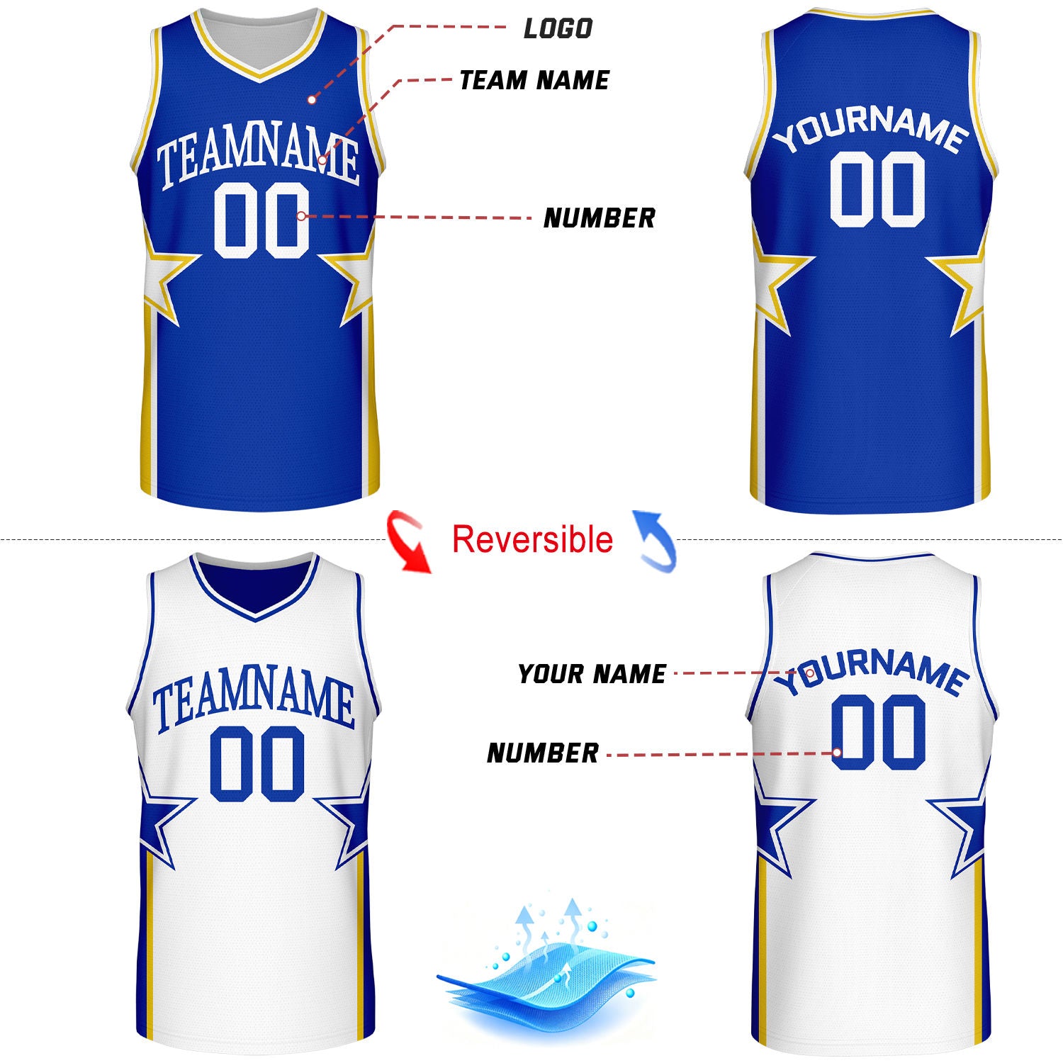 Custom Royal Blue & White Star Reversible Basketball Uniform Set | Breathable Mesh Jersey & Shorts