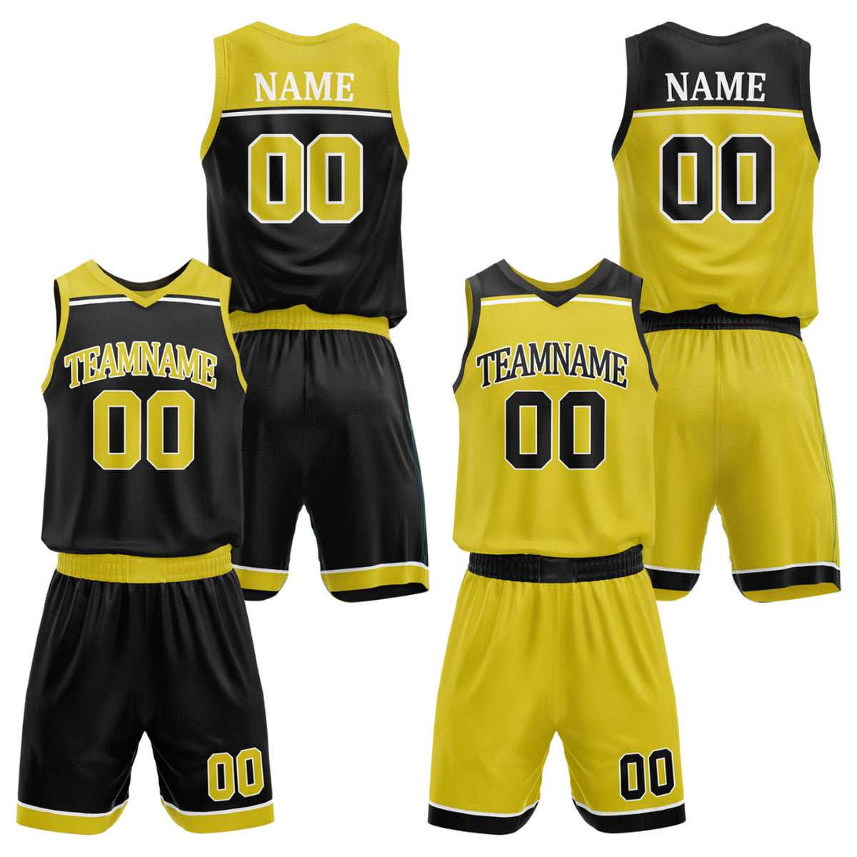 Custom men's basketball uniforms set black gold by Vosoli. Personalized team name, player name, number & logo. Breathable mesh. Fast delivery.