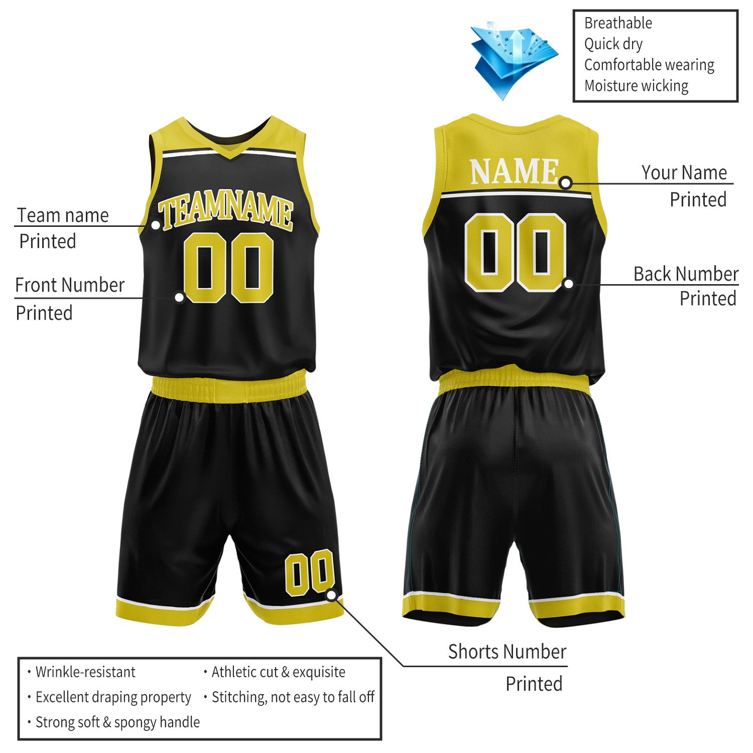 Custom Black & Gold Double Sided Basketball Jersey Set | Wholesale Team Uniform