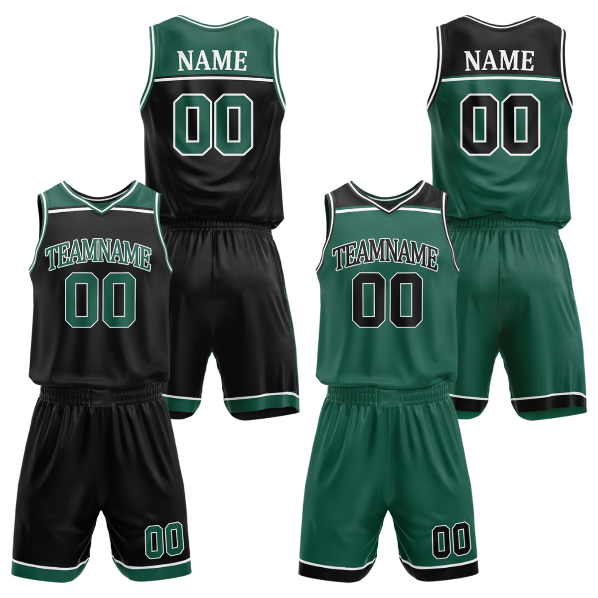 Custom men's basketball uniforms set forest green black by Vosoli. Personalized team name, player name, number &amp; logo. Breathable mesh. Fast delivery.
