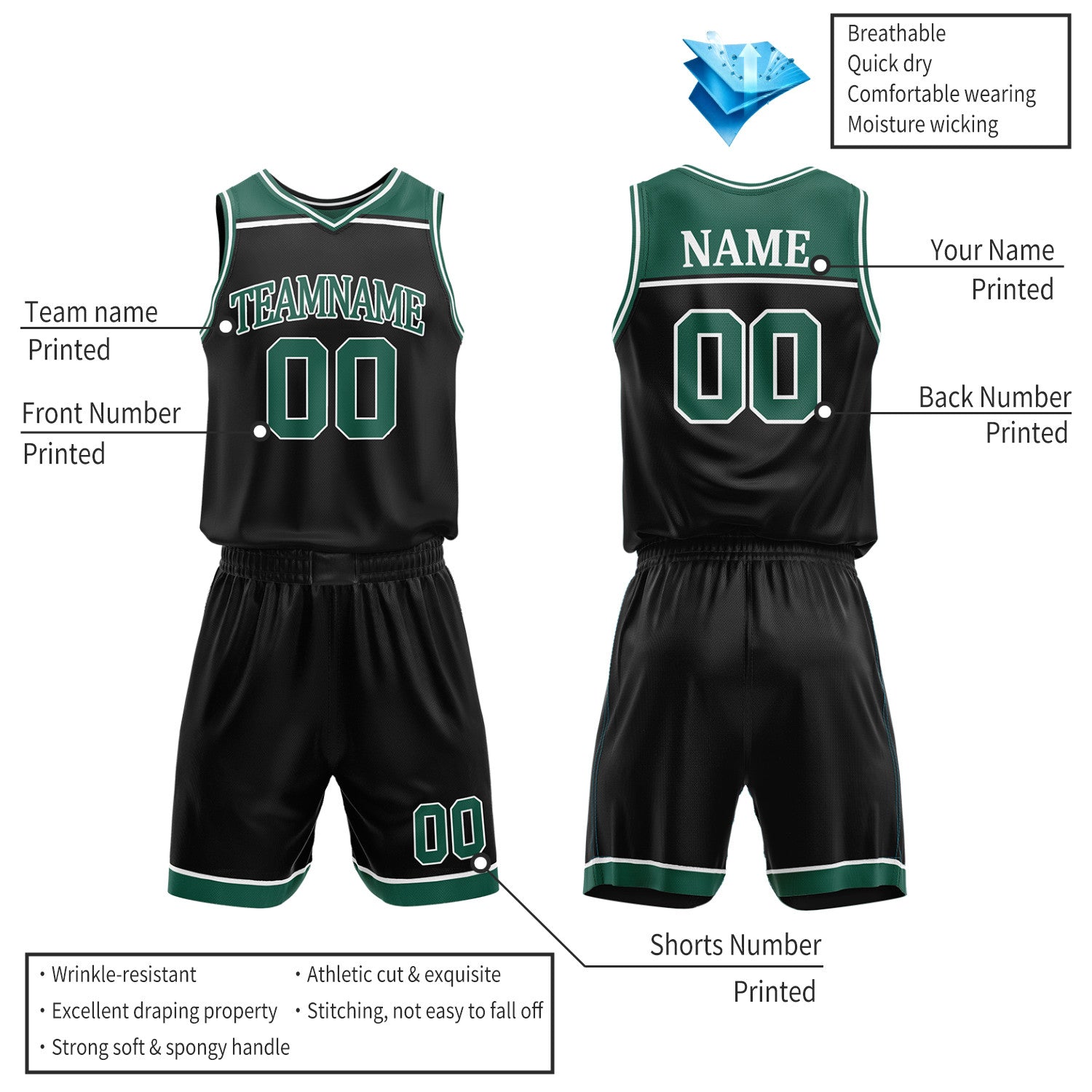 Custom Forest Green & Black Double Sided Basketball Jersey Set | Wholesale Team Uniform