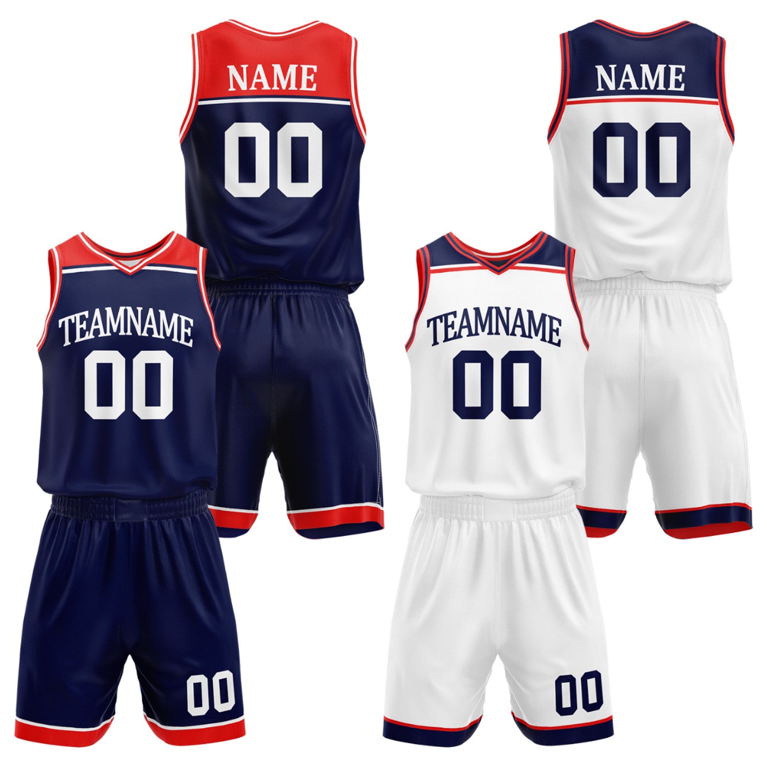 Custom men's basketball uniforms set navy white by Vosoli. Personalized team name, player name, number & logo. Breathable mesh. Fast delivery.