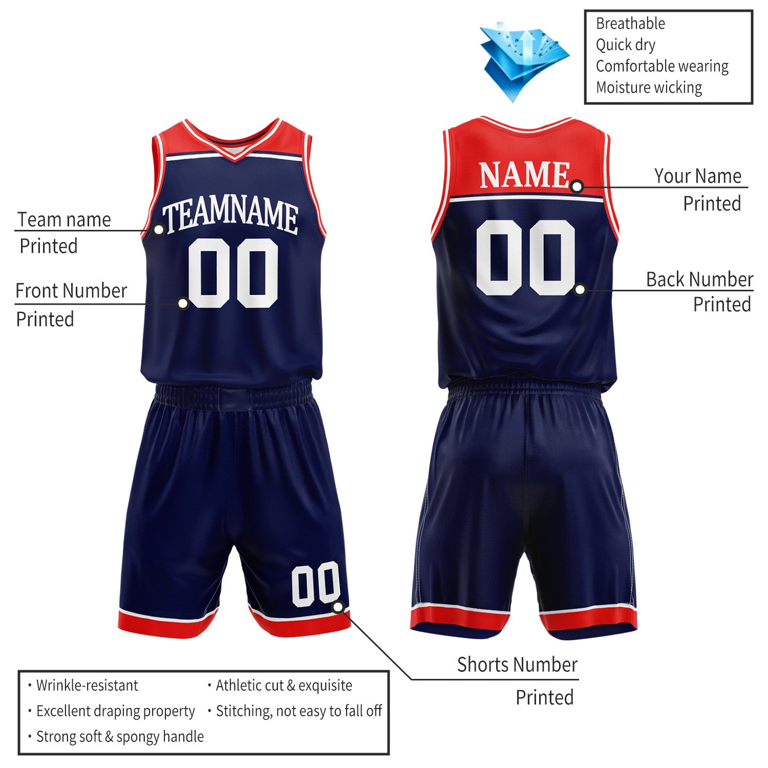 Custom Navy & White Double Sided Basketball Jersey Set | Wholesale Team Uniform