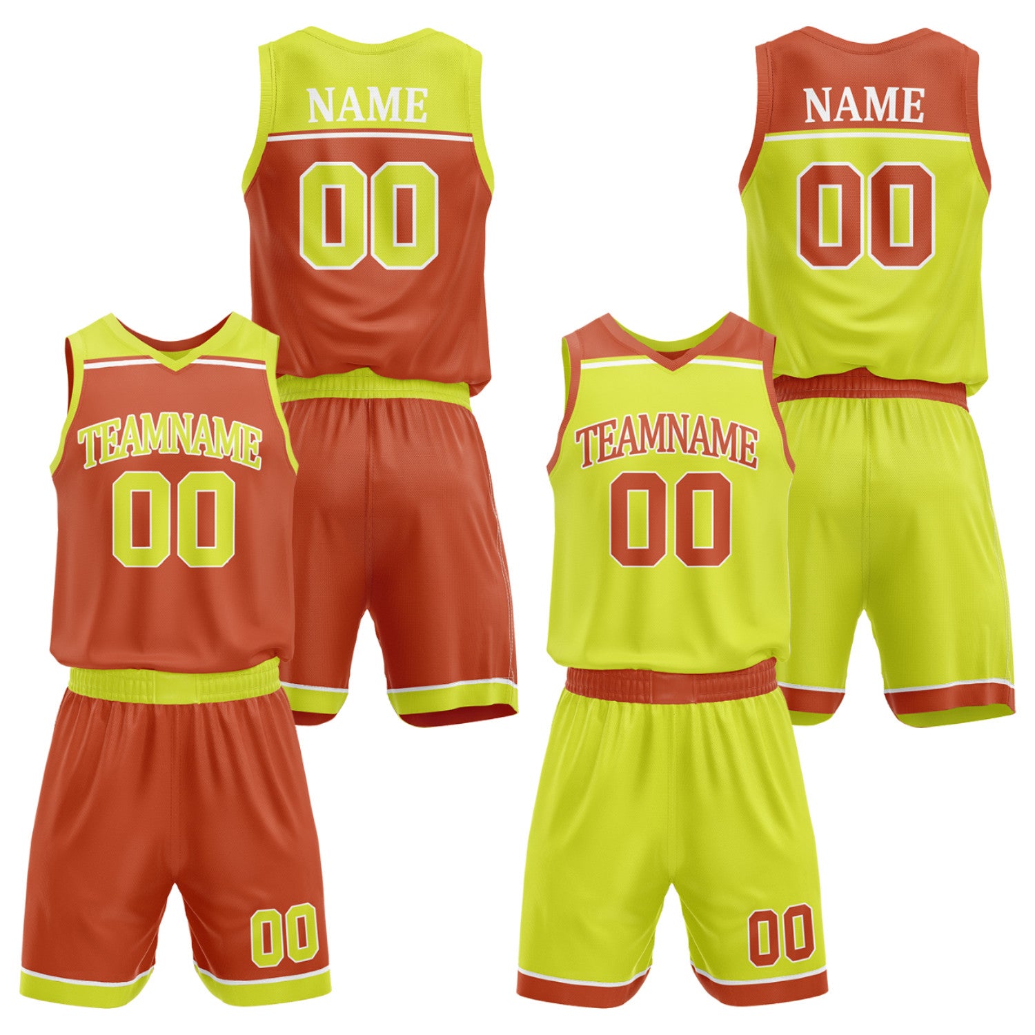 Custom men's basketball uniforms set orange neon yellow by Vosoli. Personalized team name, player name, number & logo. Breathable mesh. Fast delivery.