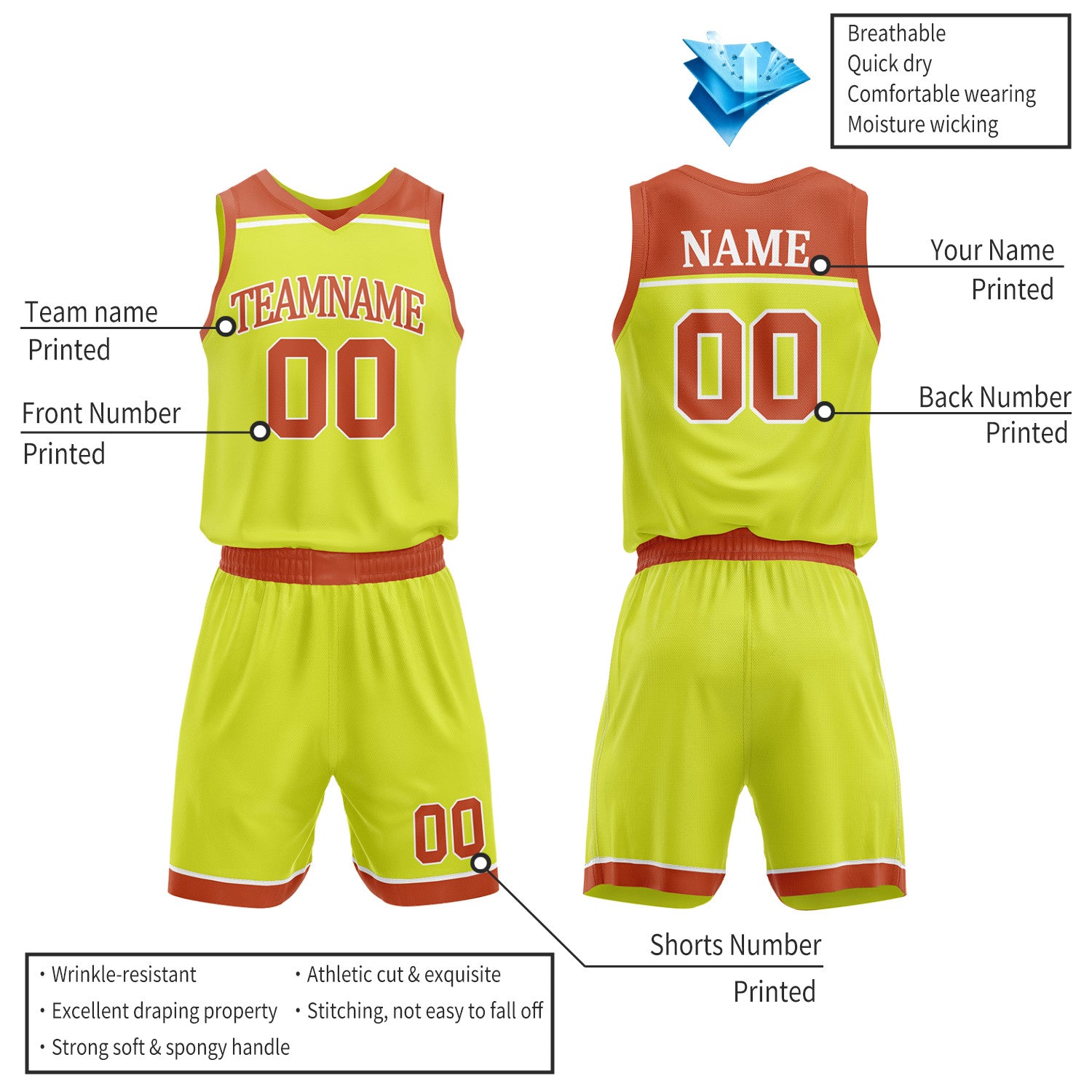 Custom Orange & Neon Yellow Double Sided Basketball Jersey Set | Wholesale Team Uniform