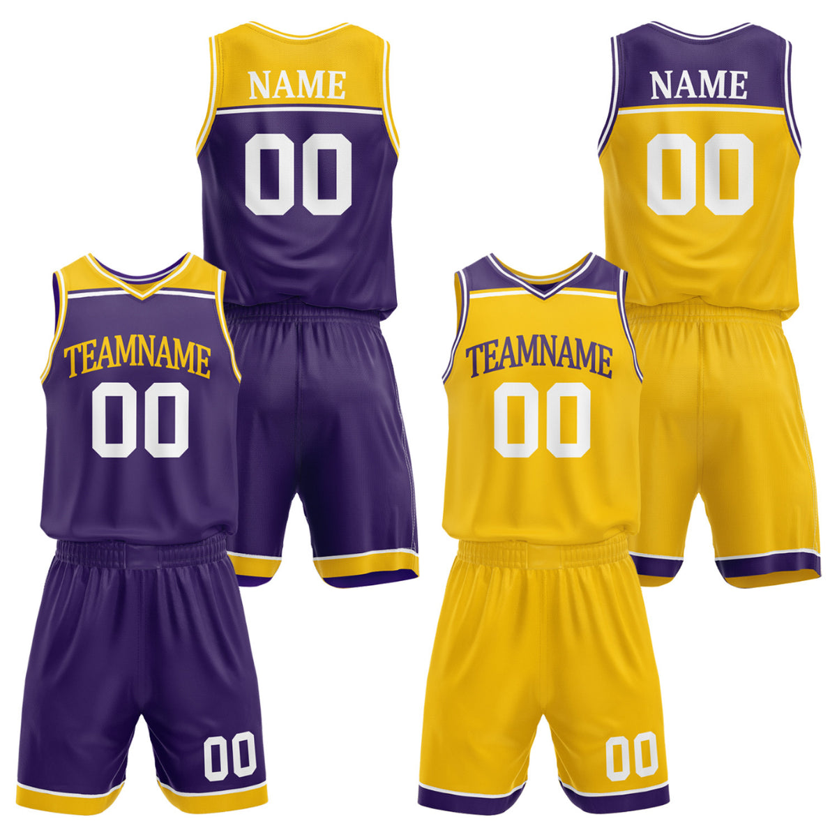 Custom men's basketball uniforms set purple gold by Vosoli. Personalized team name, player name, number & logo. Breathable mesh. Fast delivery.