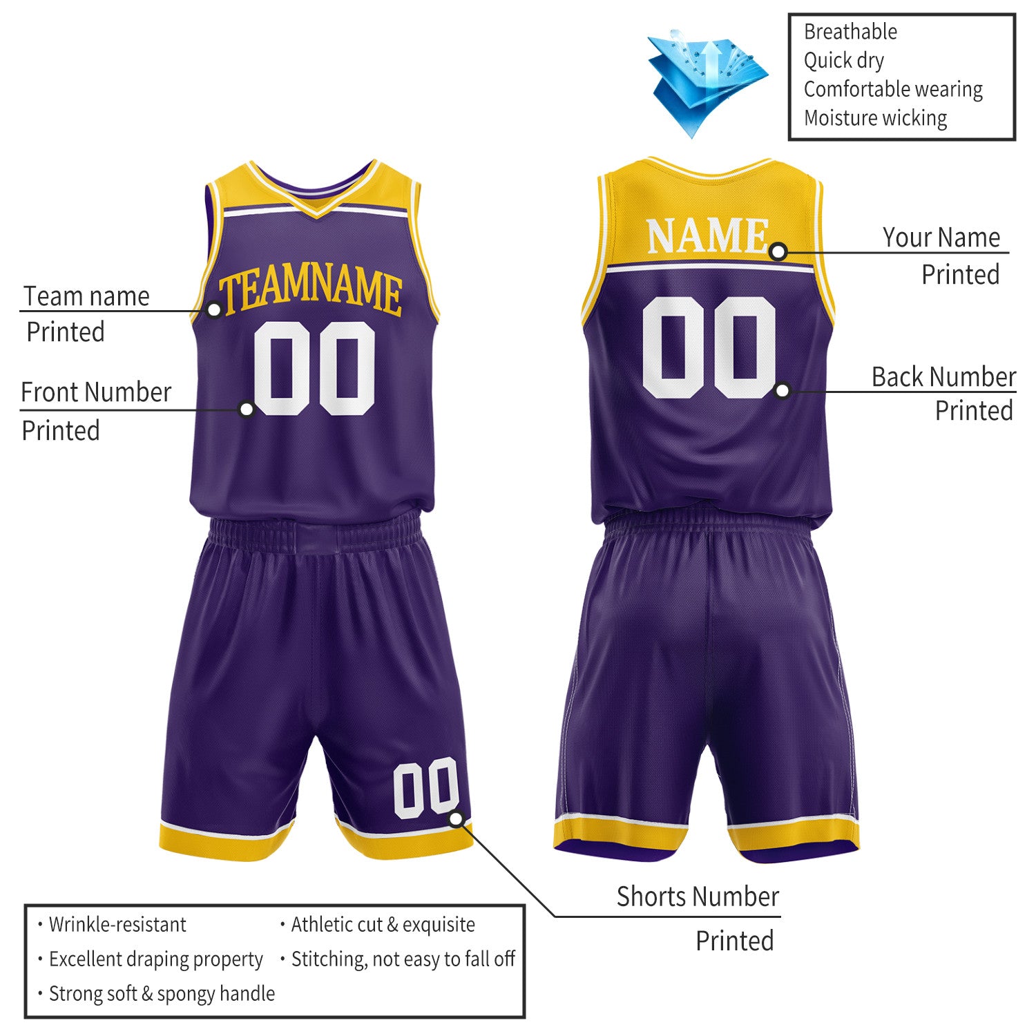 Custom Purple & Gold Double Sided Basketball Jersey Set | Wholesale Team Uniform