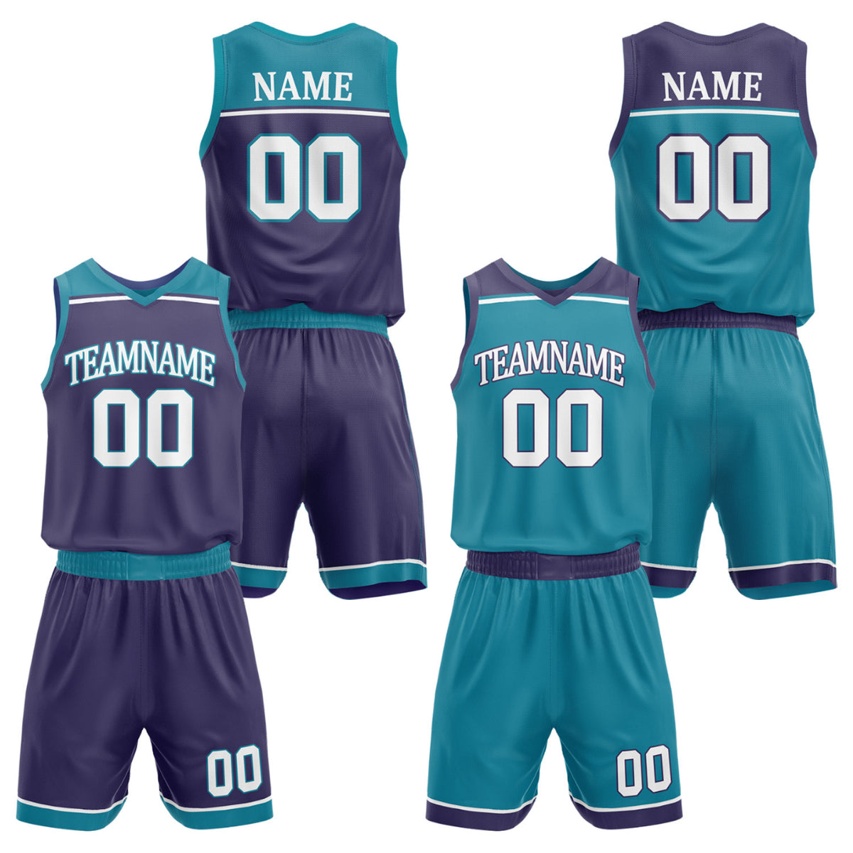 Custom men's basketball uniforms set purple teal by Vosoli. Personalized team name, player name, number & logo. Breathable mesh. Fast delivery.
