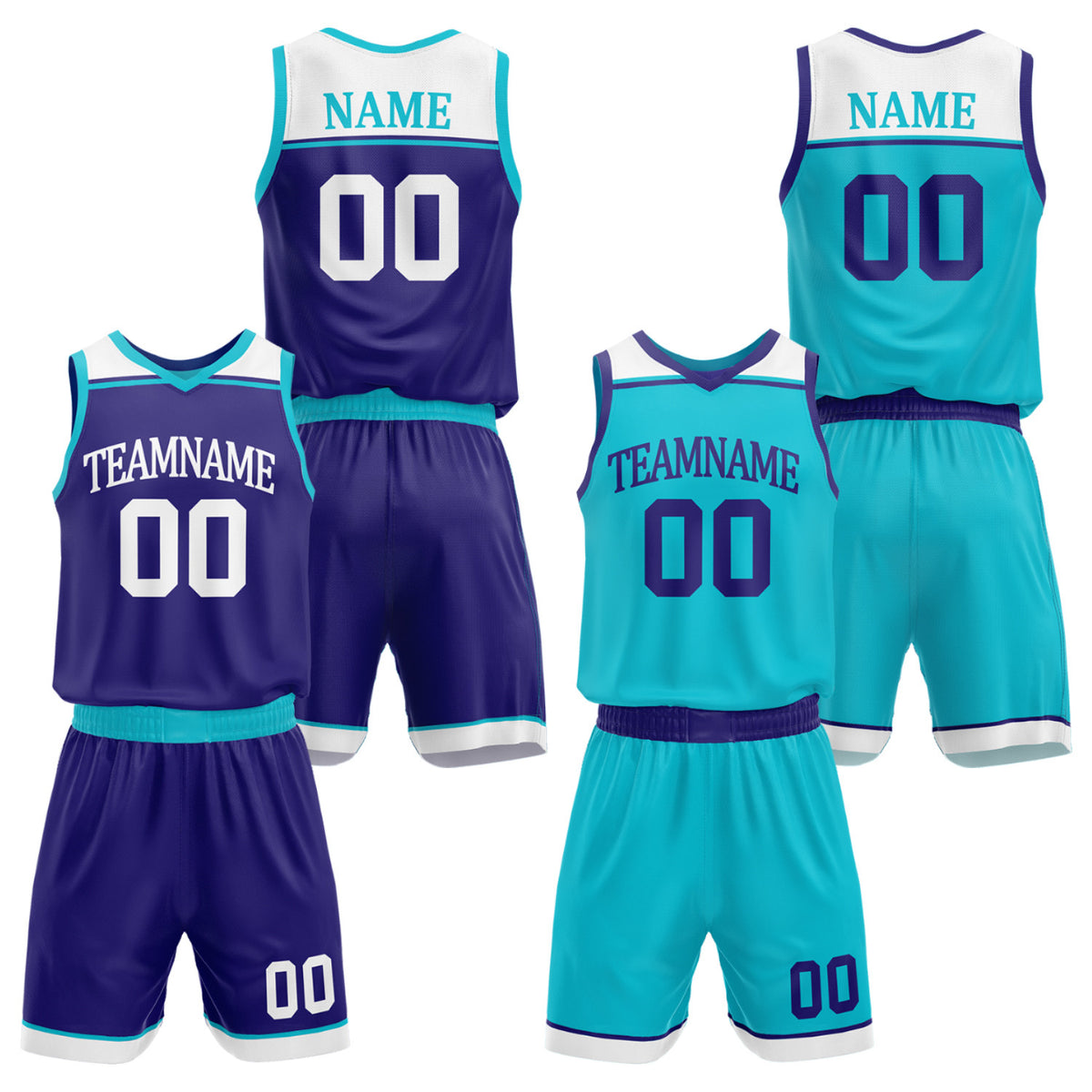 Custom men's basketball uniforms set purple teal by Vosoli. Personalized team name, player name, number & logo. Breathable mesh. Fast delivery.