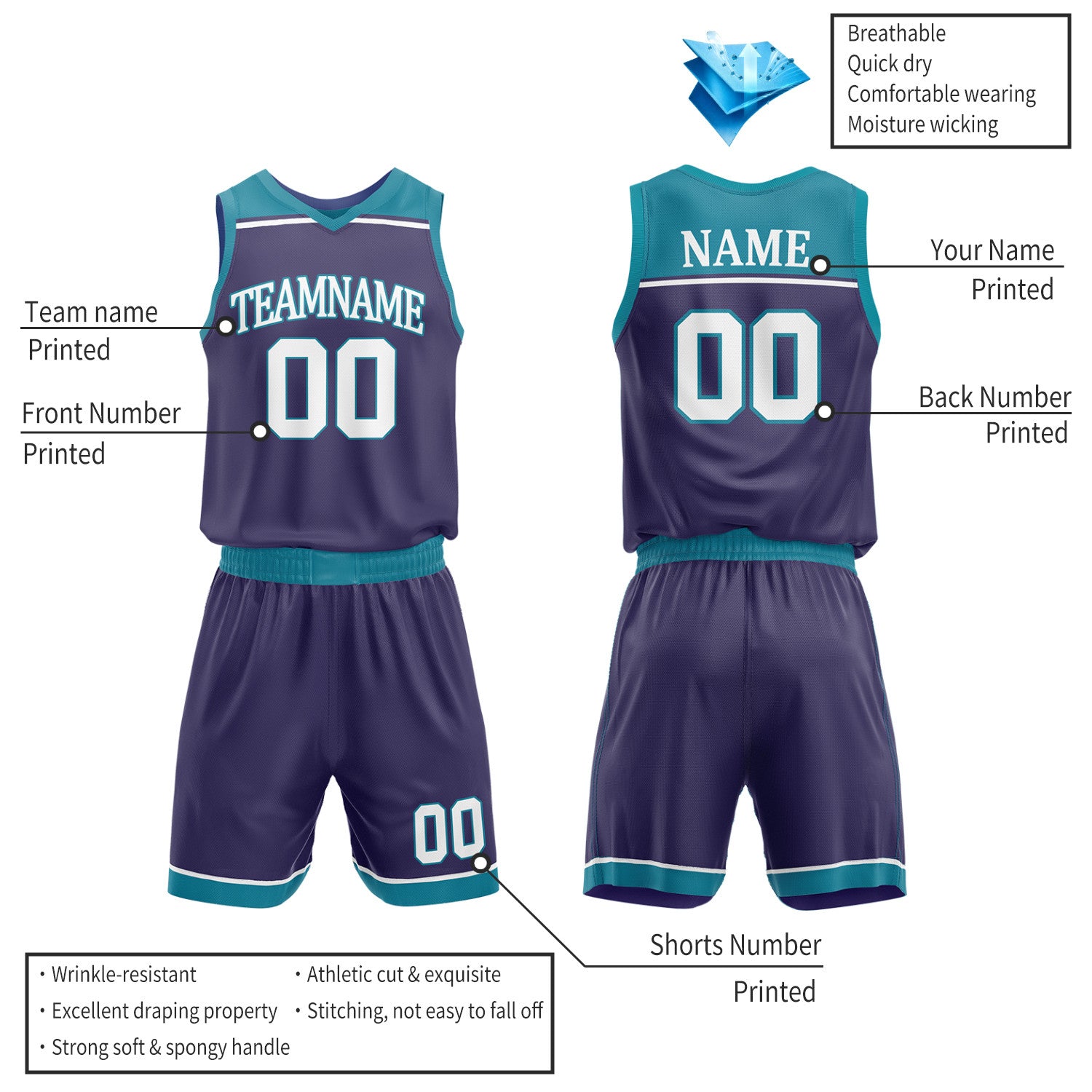 Custom Purple & Teal Double Sided Basketball Jersey Set | Wholesale Team Uniform