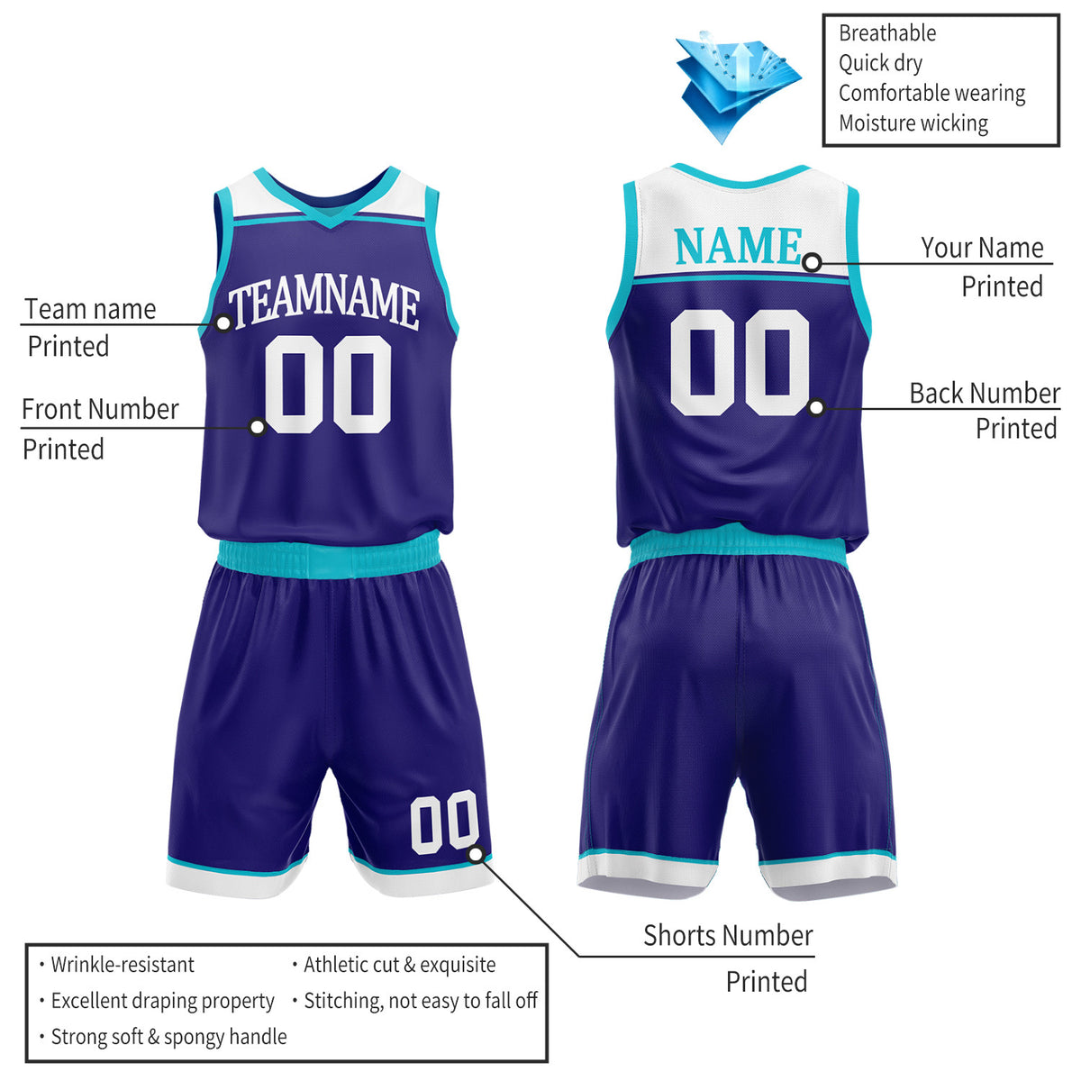 Custom Purple & Teal Double Sided Basketball Jersey Set | Wholesale Team Uniform