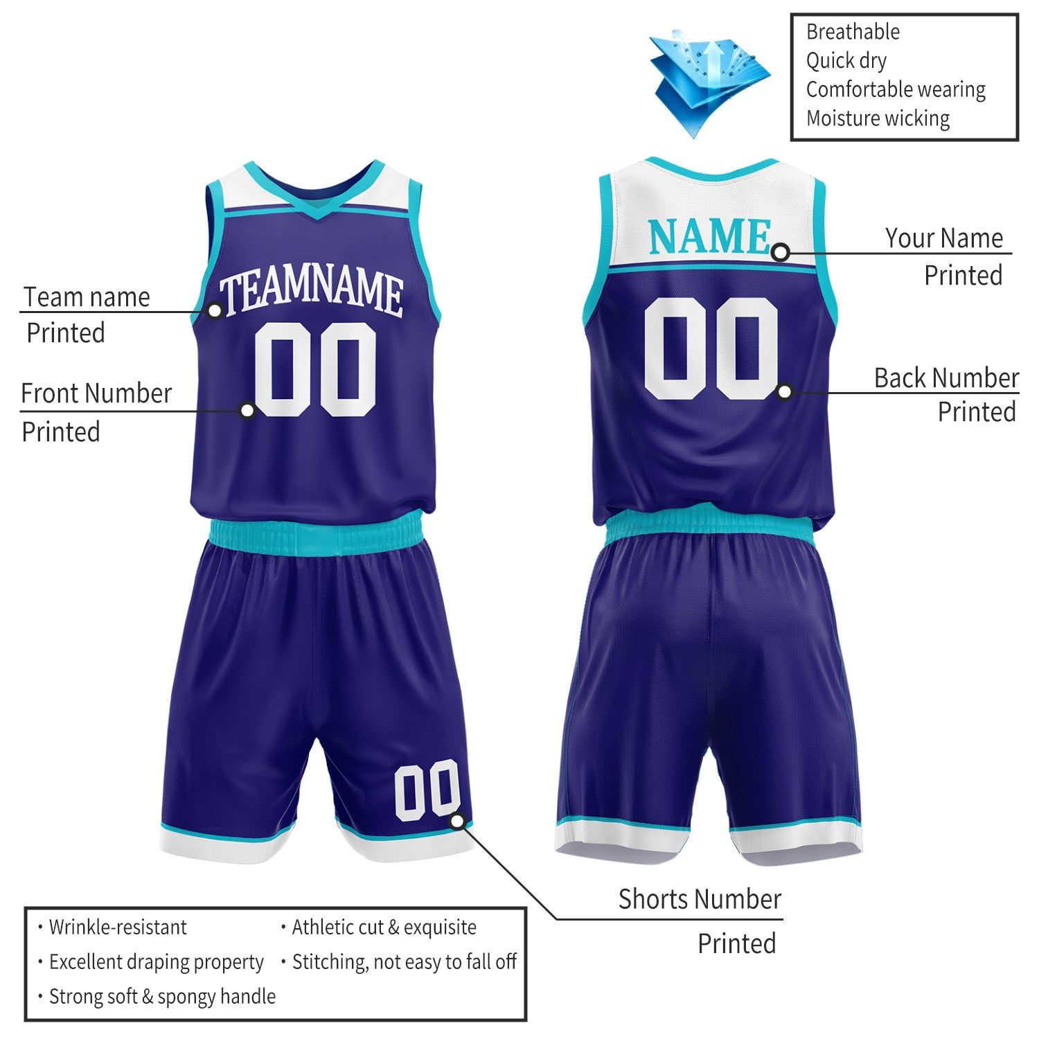 Custom Purple & Teal Double Sided Basketball Jersey Set | Wholesale Team Uniform