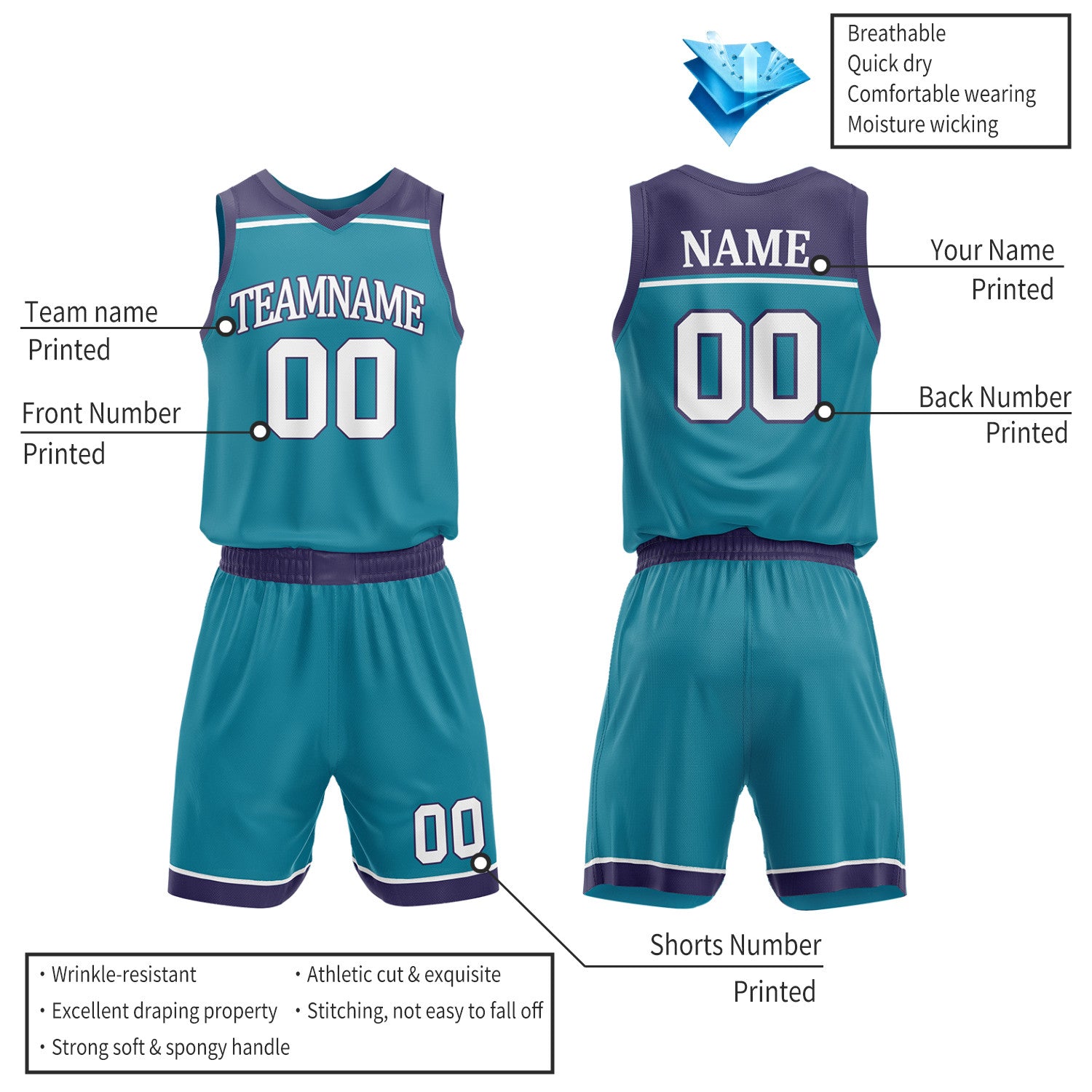 Custom Purple & Teal Double Sided Basketball Jersey Set | Wholesale Team Uniform