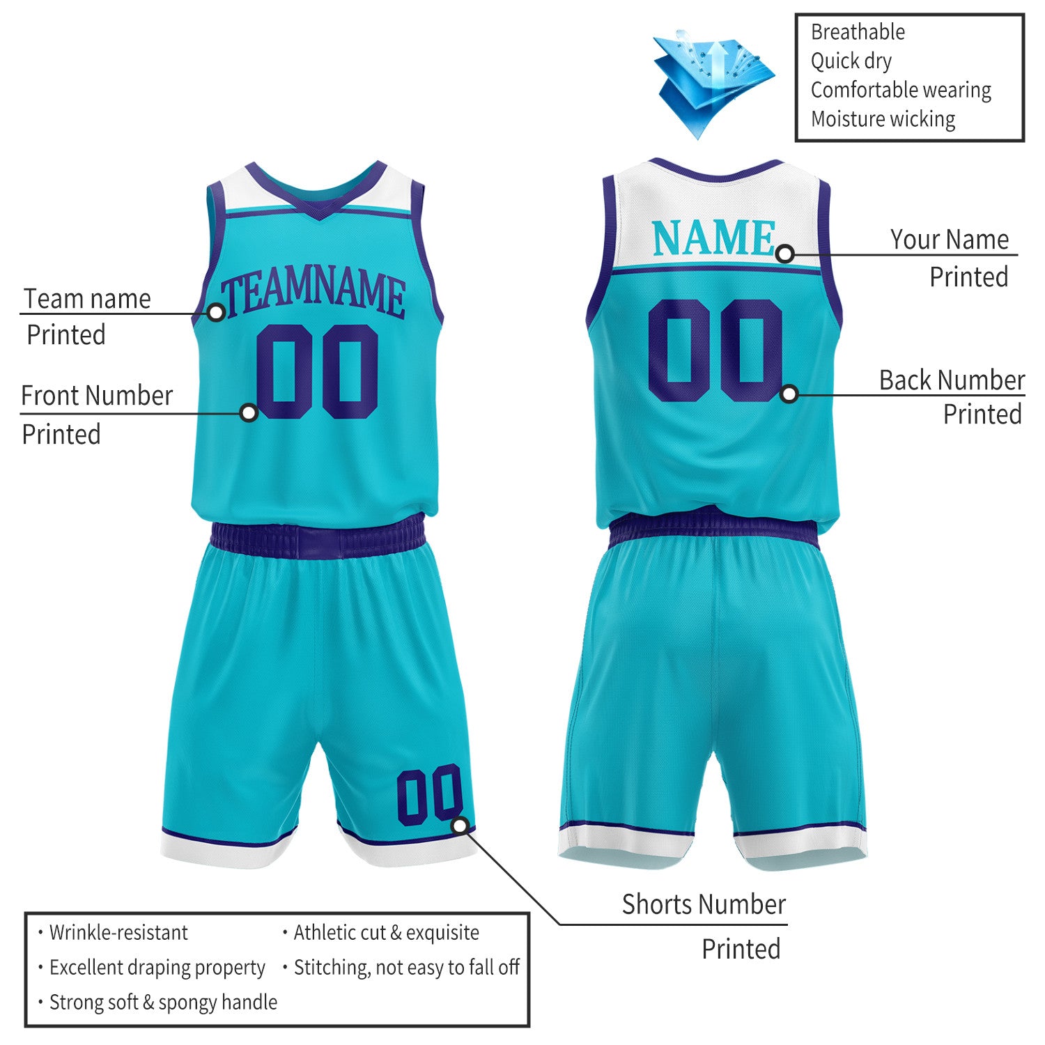 Custom Purple & Teal Double Sided Basketball Jersey Set | Wholesale Team Uniform