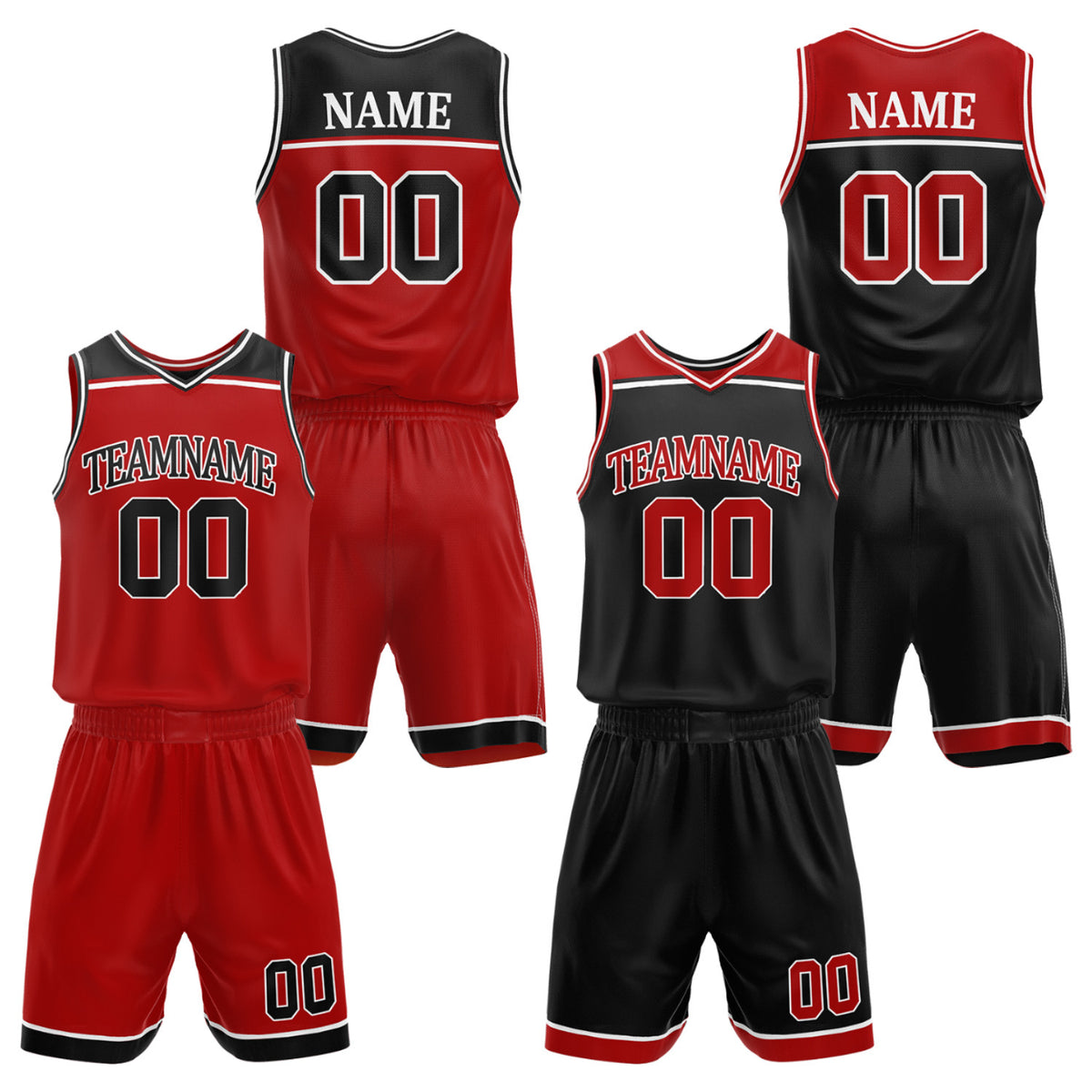 Custom men's basketball uniforms set red black by Vosoli. Personalized team name, player name, number & logo. Breathable mesh. Fast delivery.