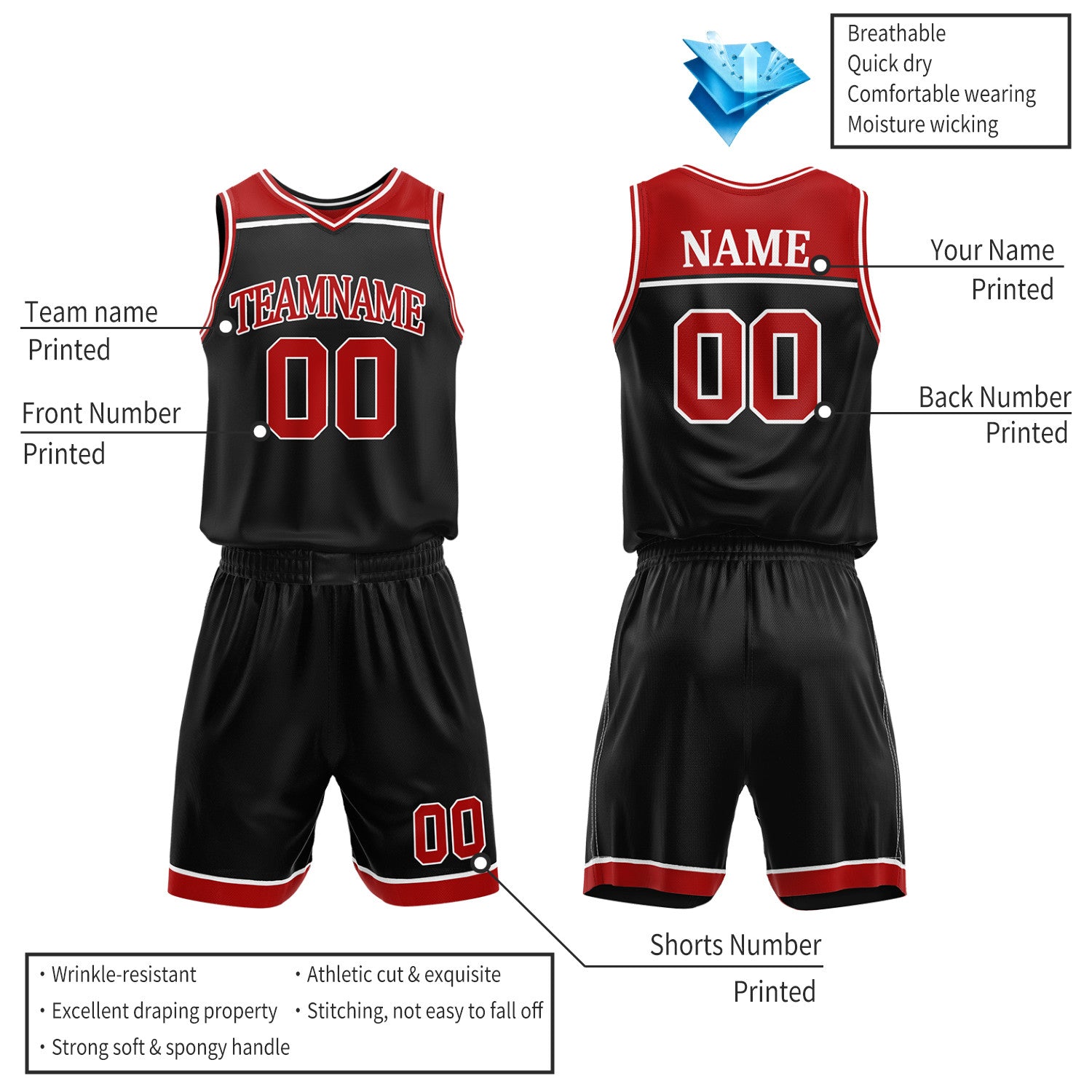 Custom Red & Black Double Sided Basketball Jersey Set | Wholesale Team Uniform