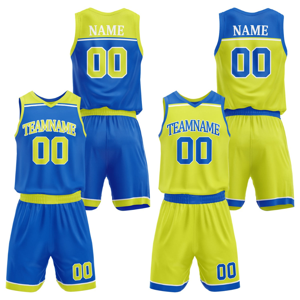 Custom men's basketball uniforms set royal blue neon yellow by Vosoli. Personalized team name, player name, number &amp; logo. Breathable mesh. Fast delivery.