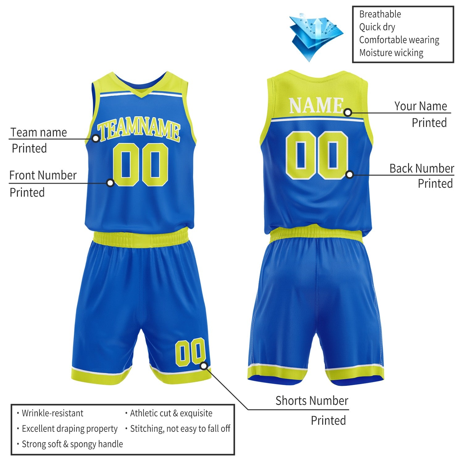 Custom Royal Blue & Neon Yellow Double Sided Basketball Jersey Set | Wholesale Team Uniform