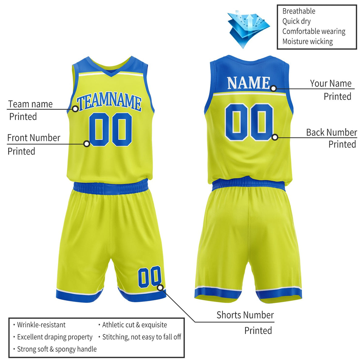 Custom Royal Blue & Neon Yellow Double Sided Basketball Jersey Set | Wholesale Team Uniform