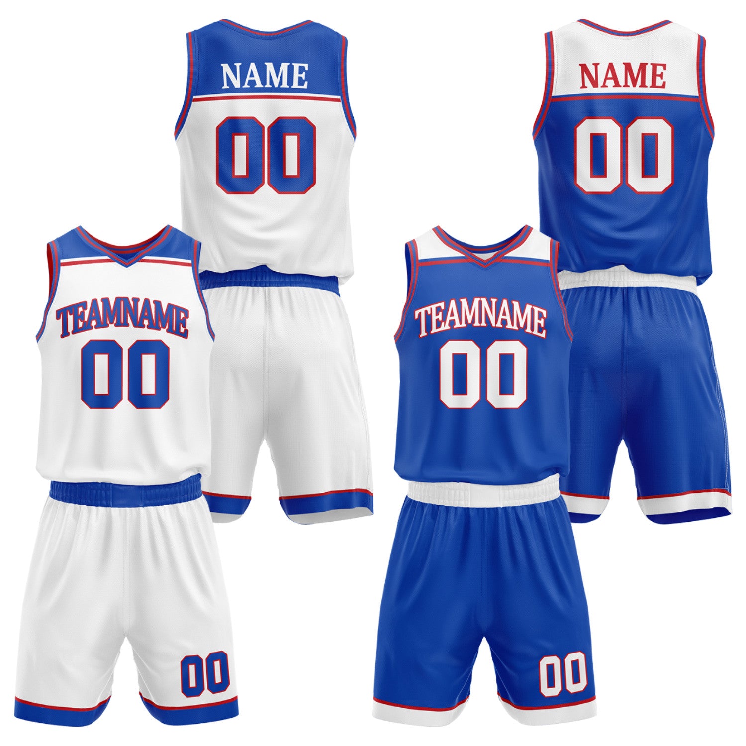 Custom men's basketball uniforms set royal blue white by Vosoli. Personalized team name, player name, number & logo. Breathable mesh. Fast delivery.
