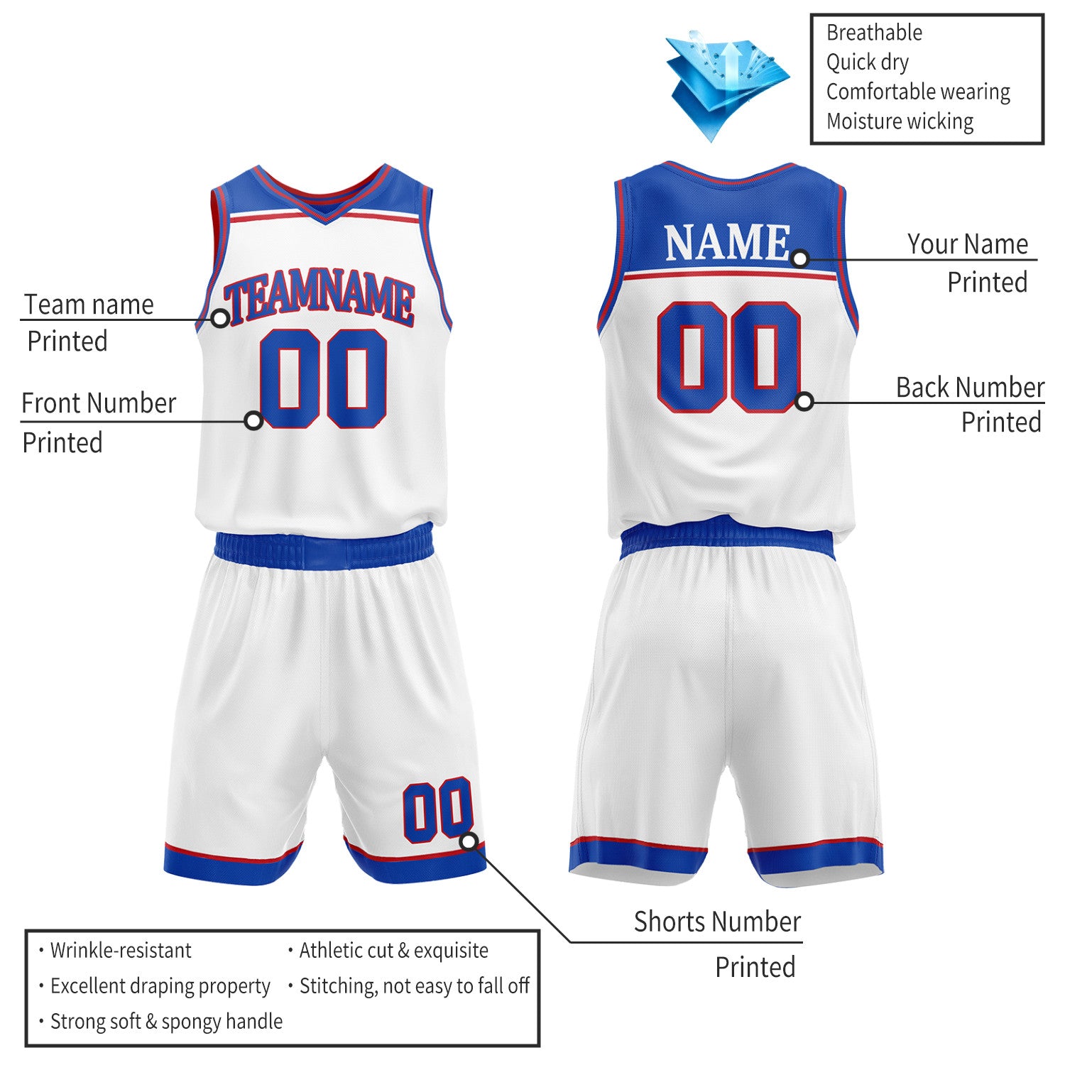 Custom Royal Blue & White Double Sided Basketball Jersey Set | Wholesale Team Uniform